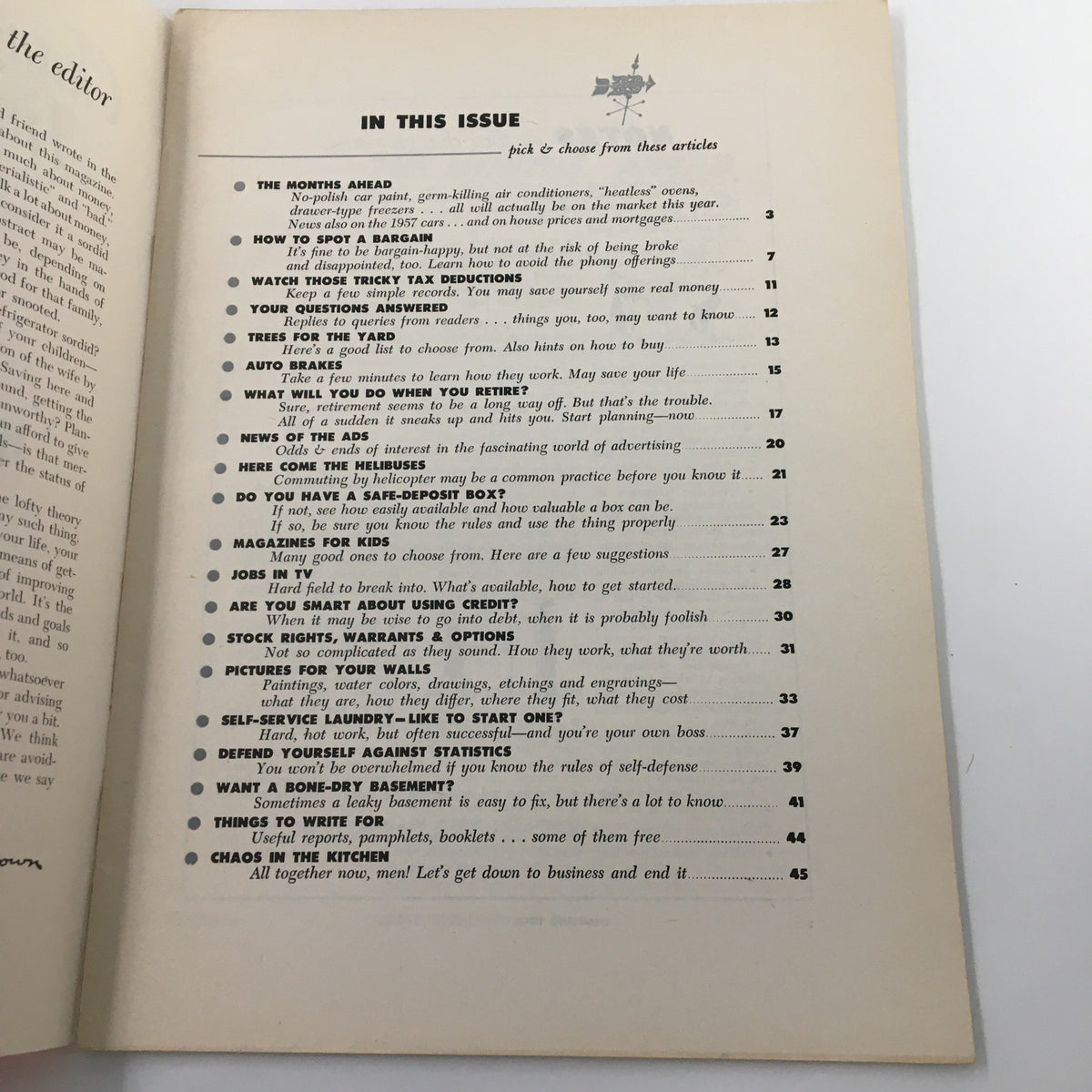 Inside page of VTG Changing Times Magazine March 1956 displaying the table of contents with article titles including 'Defend Yourself Against Statistics'.
