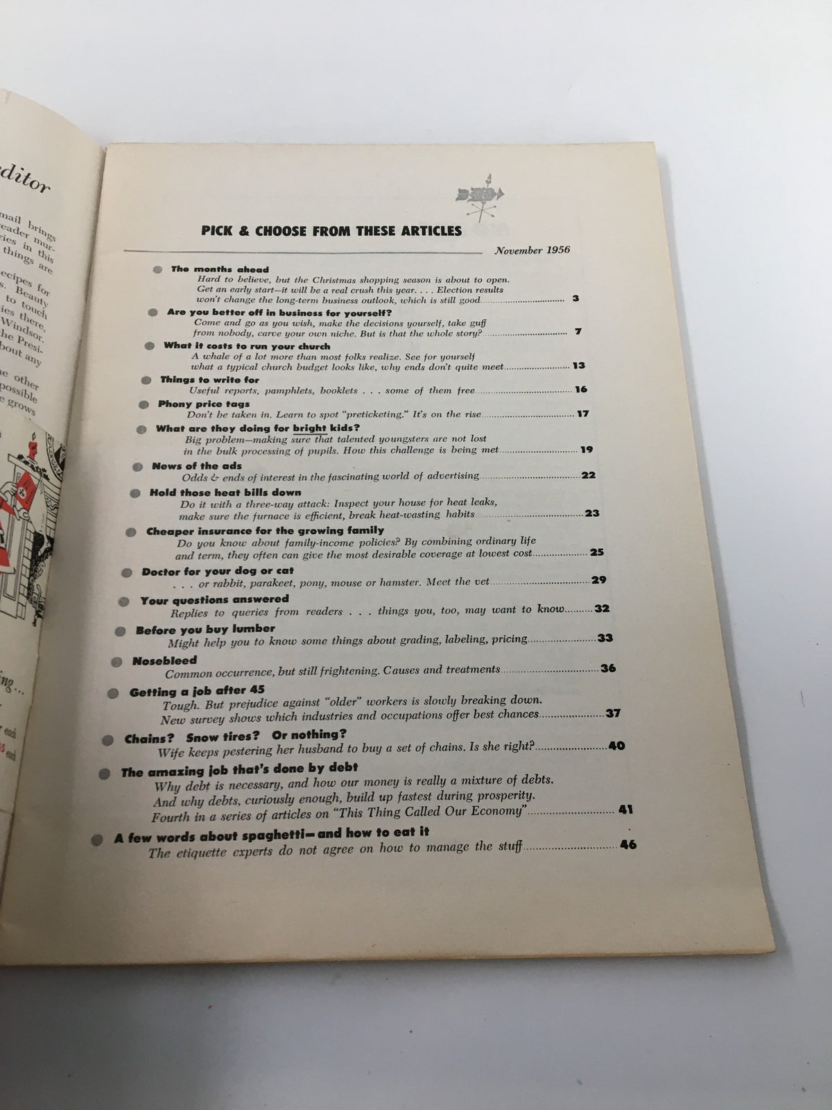 Inside page of VTG Changing Times Magazine November 1956 showing the table of contents with various article titles related to personal finance and economy.