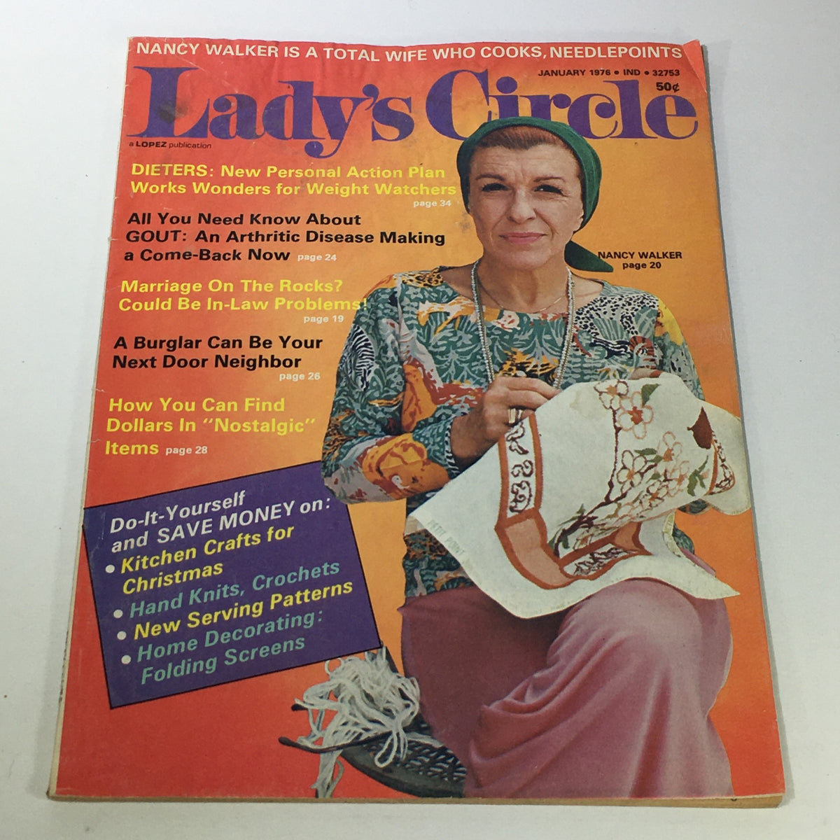 Cover of VTG Lady's Circle Magazine January 1976 featuring Nancy Walker, highlighting articles on dieting, gout, marriage problems, and home crafts.