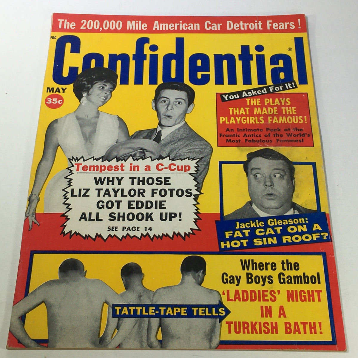 Cover of VTG Confidential Magazine May 1962 showcasing colorful graphics and featuring headlines about Liz Taylor and Jackie Gleason, offering a glimpse into mid-20th century pop culture.