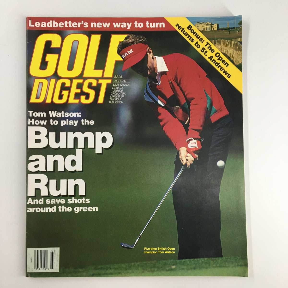 Golf Digest Magazine July 1990 featuring Tom Watson on the cover, showcasing a golf instructional article about the Bump and Run technique. The magazine highlights Tom Watson's status as a five-time British Open Champion.