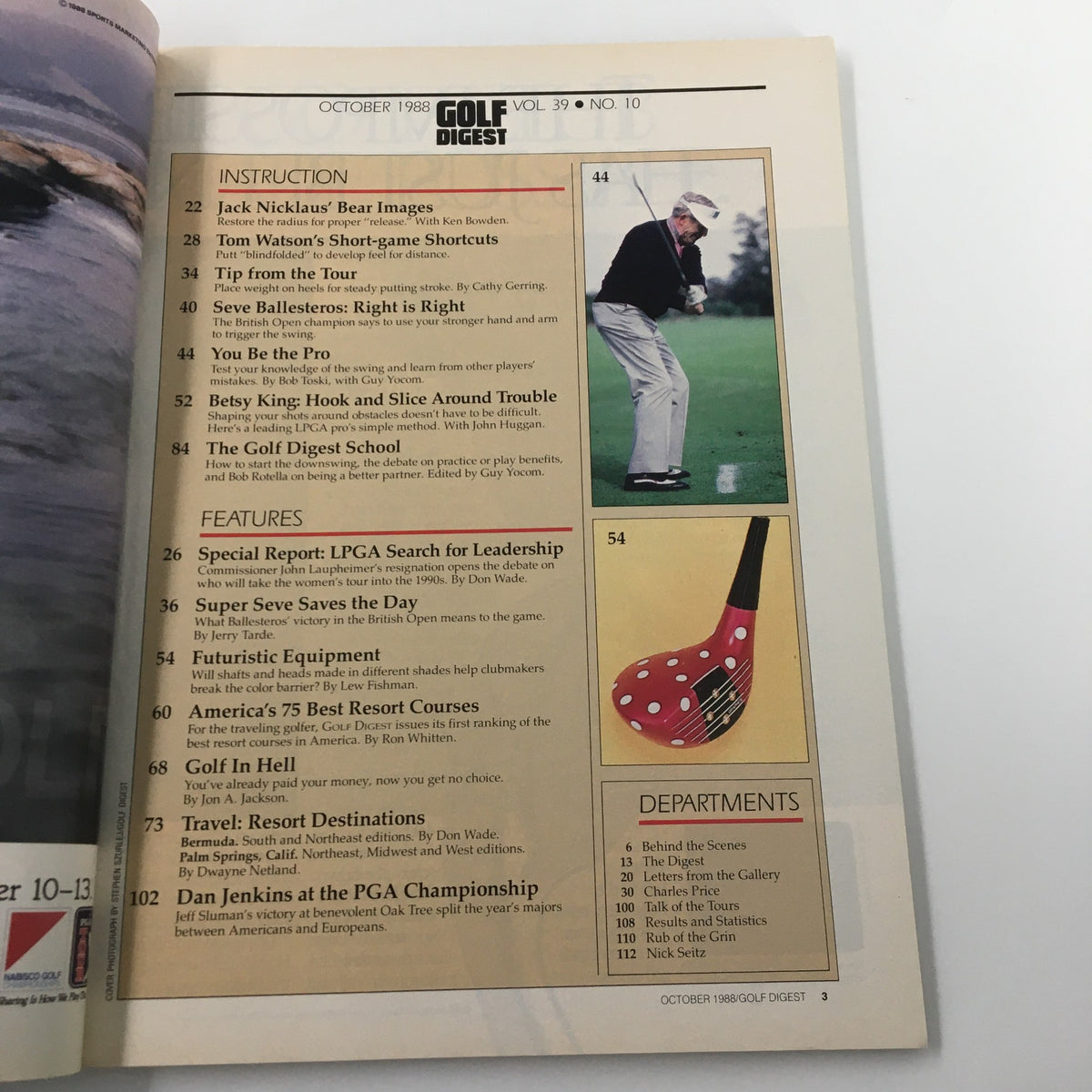 Table of contents from Golf Digest Magazine, October 1988 showcasing various articles including 'Super Seve Saves the Day' and golf instruction tips, reflecting the editorial contributions of Seve Ballesteros.