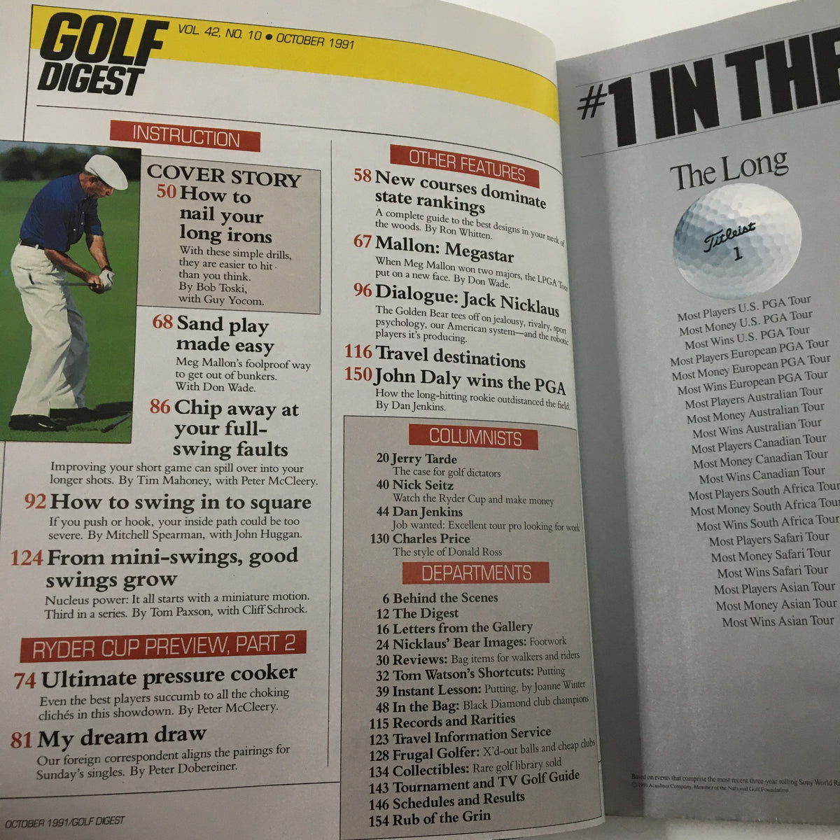 Inside pages of Golf Digest Magazine October 1991, highlighting the article 'How to Nail Your Long Irons' and other features, with golf instruction and tips from renowned golfers.