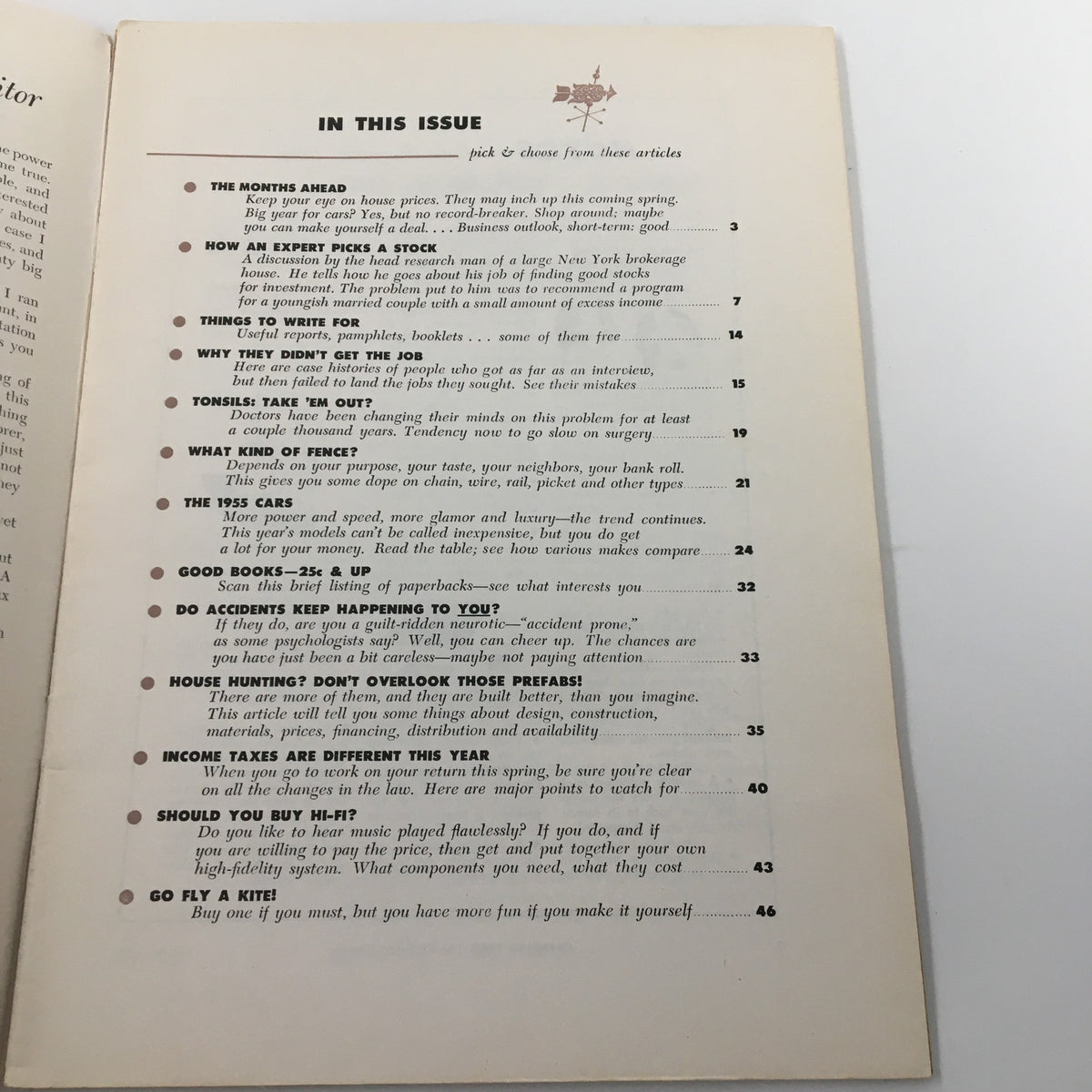Table of contents from VTG Changing Times Magazine March 1955 detailing articles like 'How An Expert Picks A Stock' and other contemporary topics.