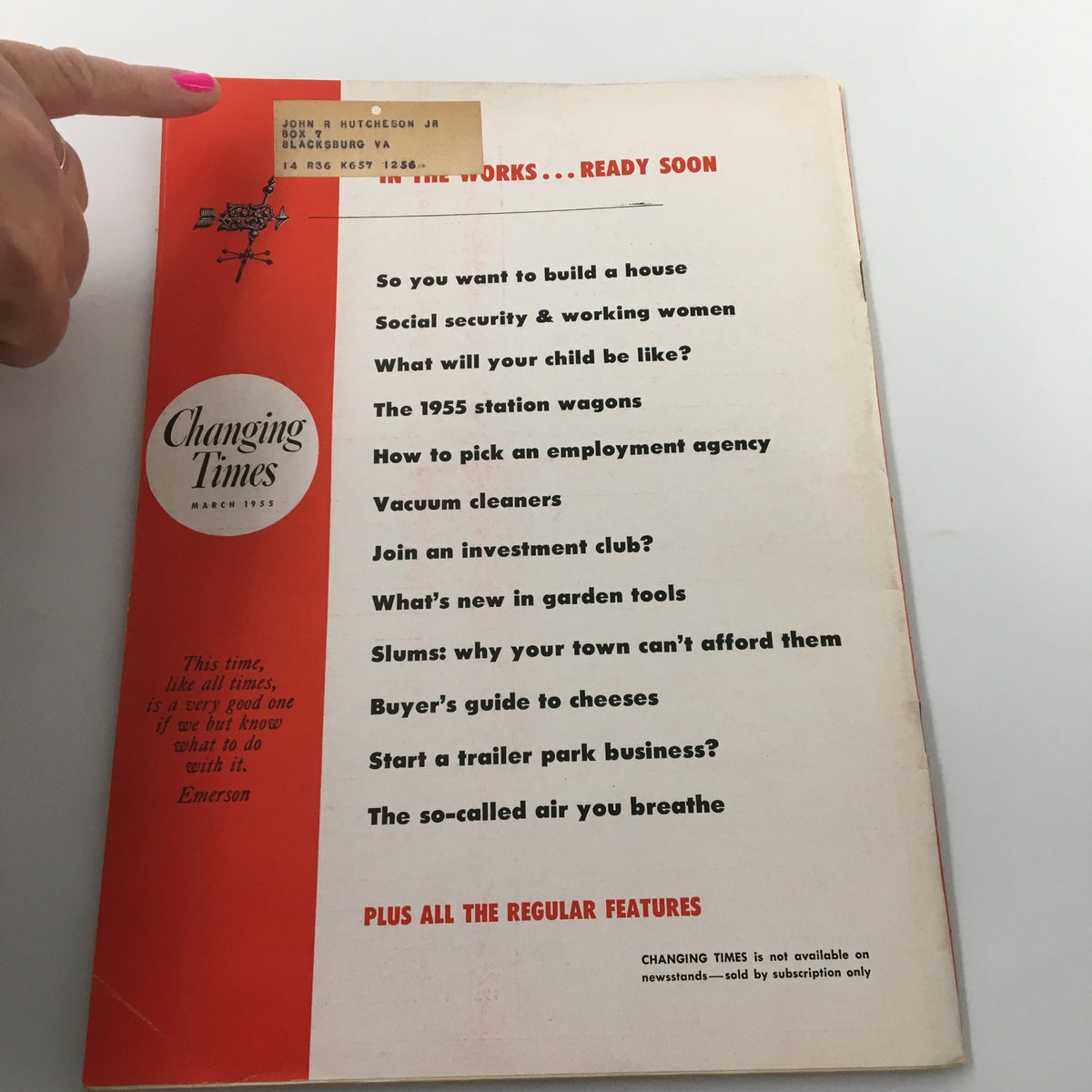 Back cover of VTG Changing Times Magazine March 1955 showing additional article highlights and a vintage address label.