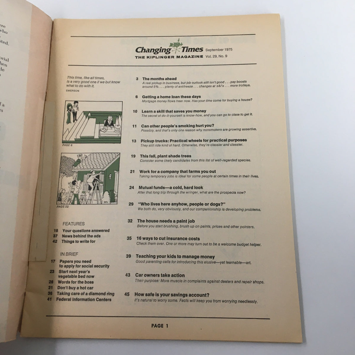 Table of contents from VTG Changing Times Magazine September 1975, highlighting various articles including 'Getting A Home Loan These Days'.
