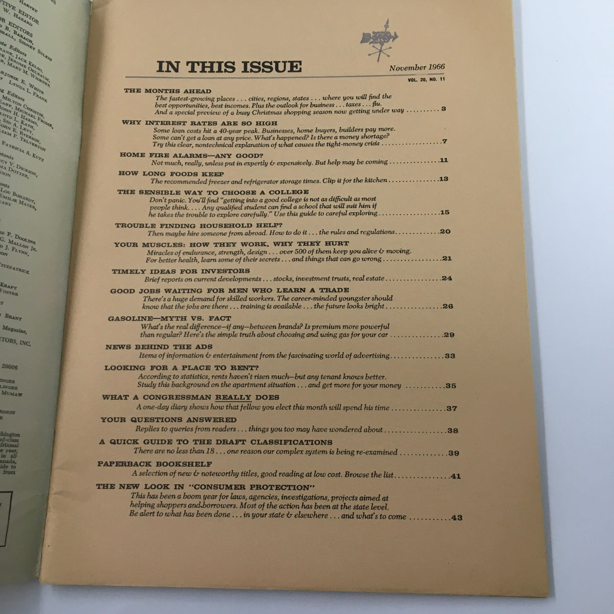 Table of contents page inside VTG Changing Times Magazine November 1966, highlighting various articles including 'The Sensible Way To Choose a College'.