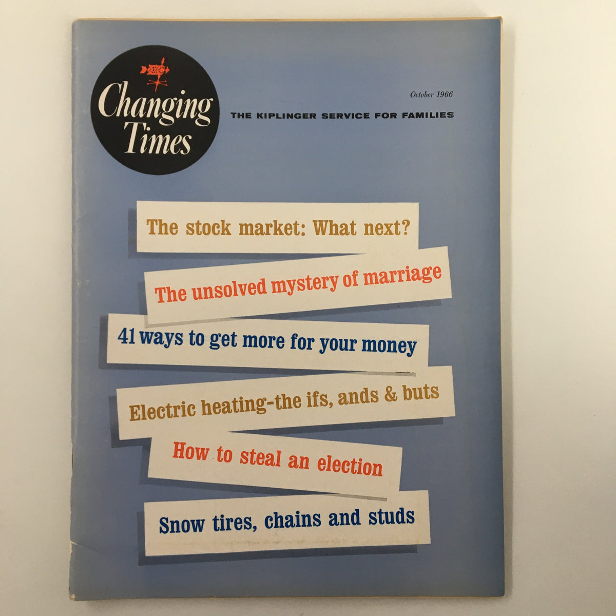 Vintage Changing Times Magazine cover from October 1966, featuring the headline 'The Stock Market: What Next?' and various articles including 'The Unsolved Mystery of Marriage' and 'How to Steal an Election'.