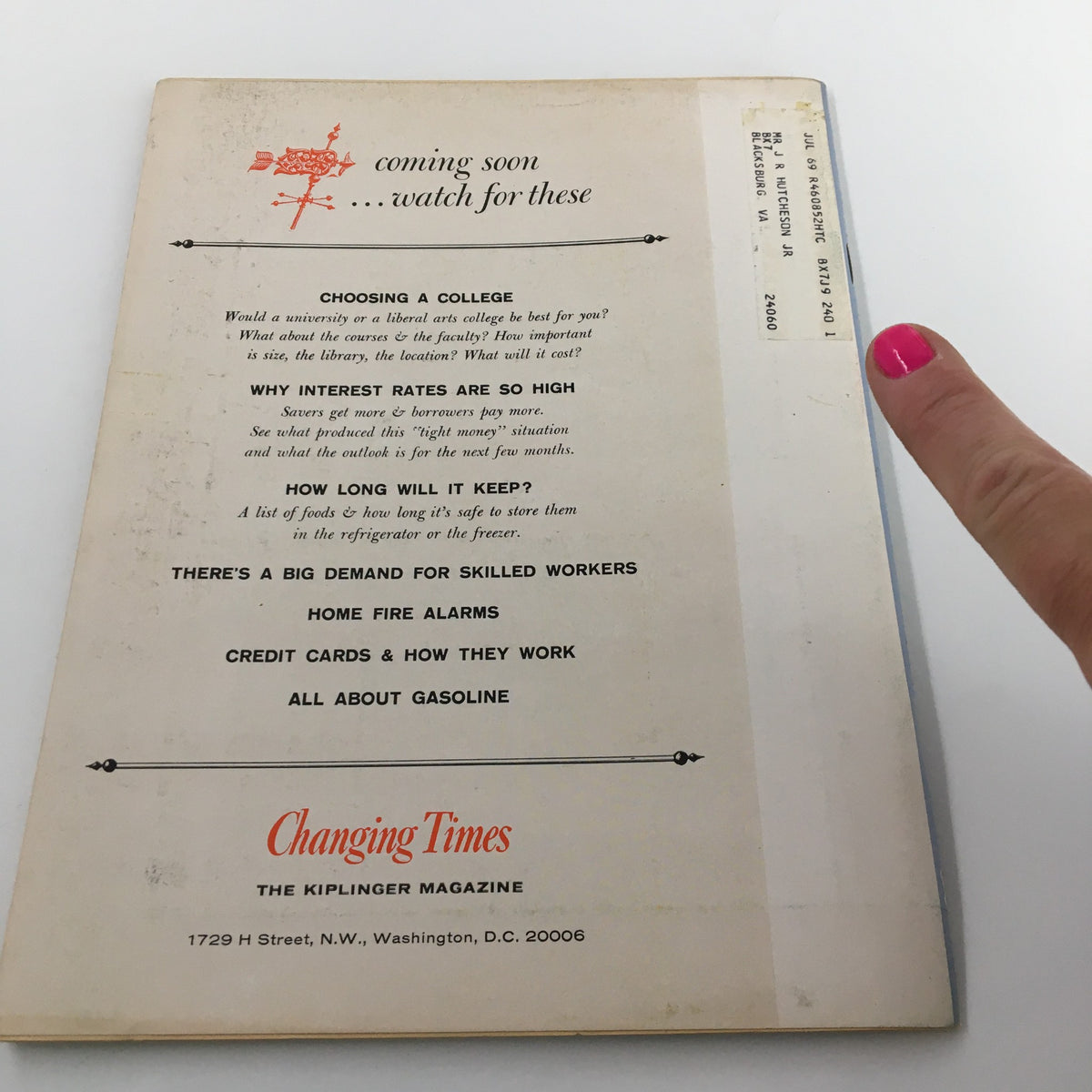 Back cover of VTG Changing Times Magazine October 1966, featuring advertisements and upcoming topics like interest rates, skilled workers, home fire alarms, and more, from The Kiplinger Magazine