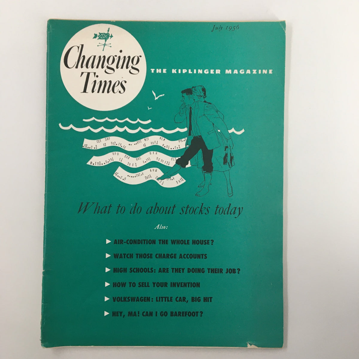 Cover of the VTG Changing Times Magazine from July 1956, featuring the title 'What to do about stocks today' along with illustrations and topics from the era, highlighting its vintage financial content.