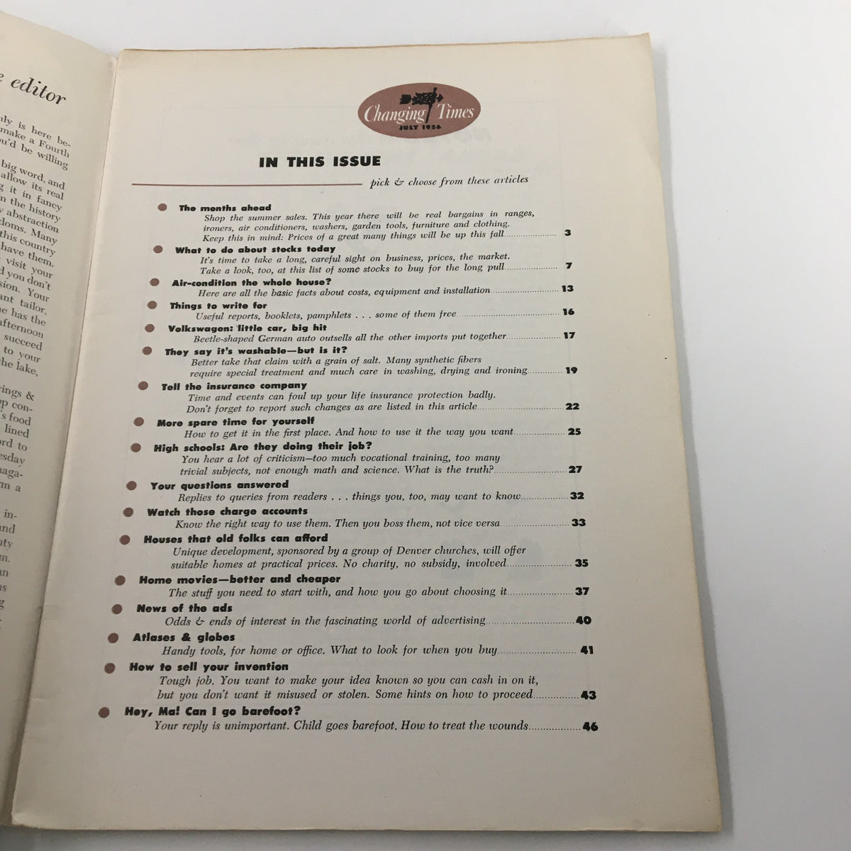 Table of contents from the VTG Changing Times Magazine July 1956, listing featured articles on finance, consumer advice, and everyday living.
