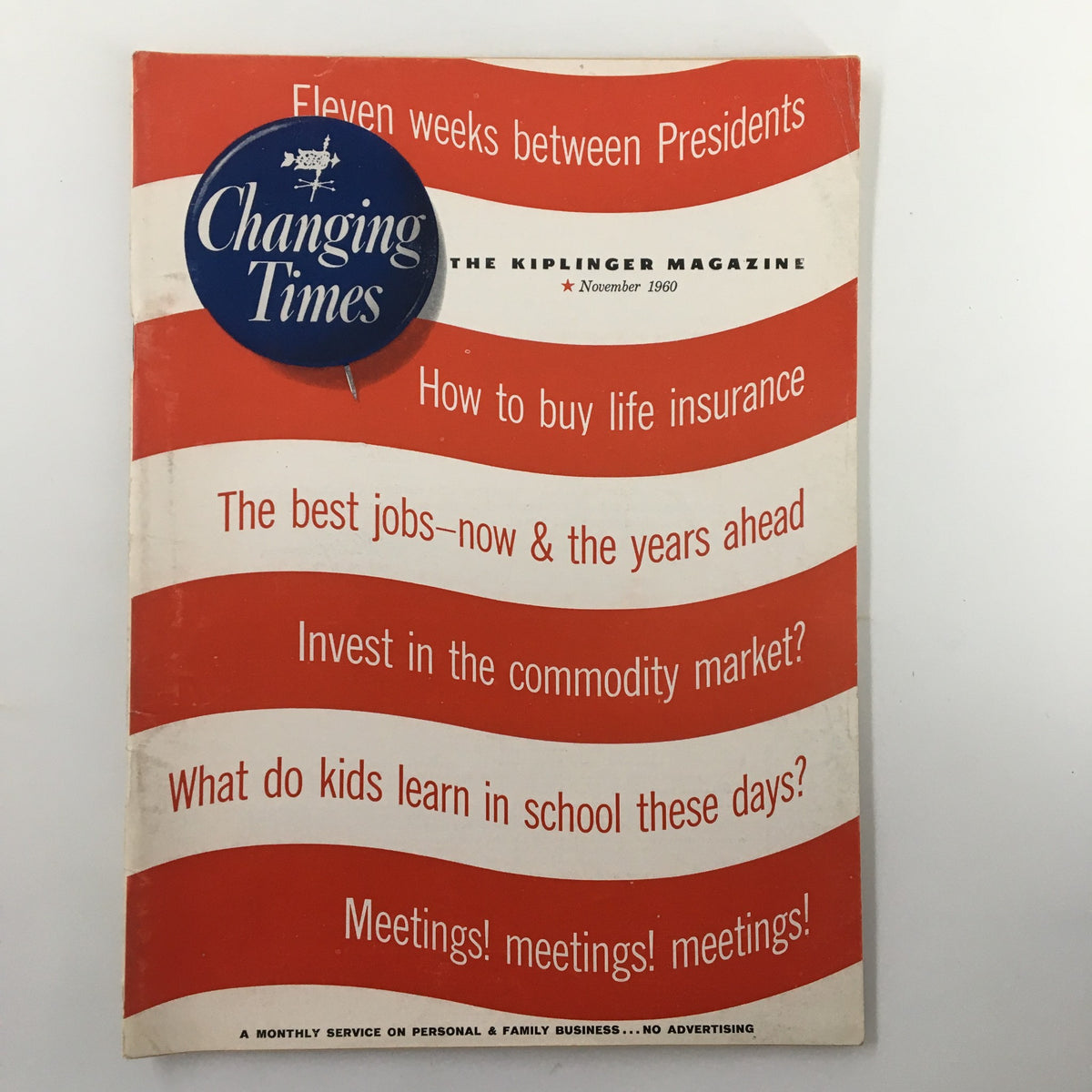 Cover of the VTG Changing Times Magazine from November 1960 featuring red and white stripes, a bold headline about jobs, and the publication title.