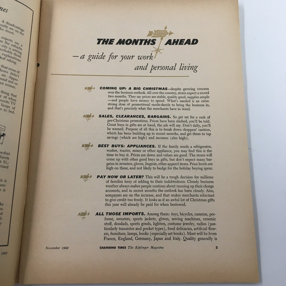 Interior page of the VTG Changing Times Magazine from November 1960 detailing upcoming Christmas buying trends, including advice on sales and best purchases for the season.