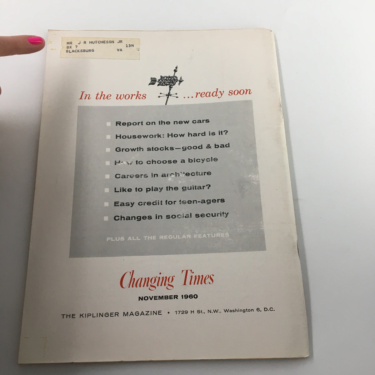 Back cover of the VTG Changing Times Magazine from November 1960 showing features and upcoming topics, along with a mailing label, emphasizing the publication's content on personal and family issues.