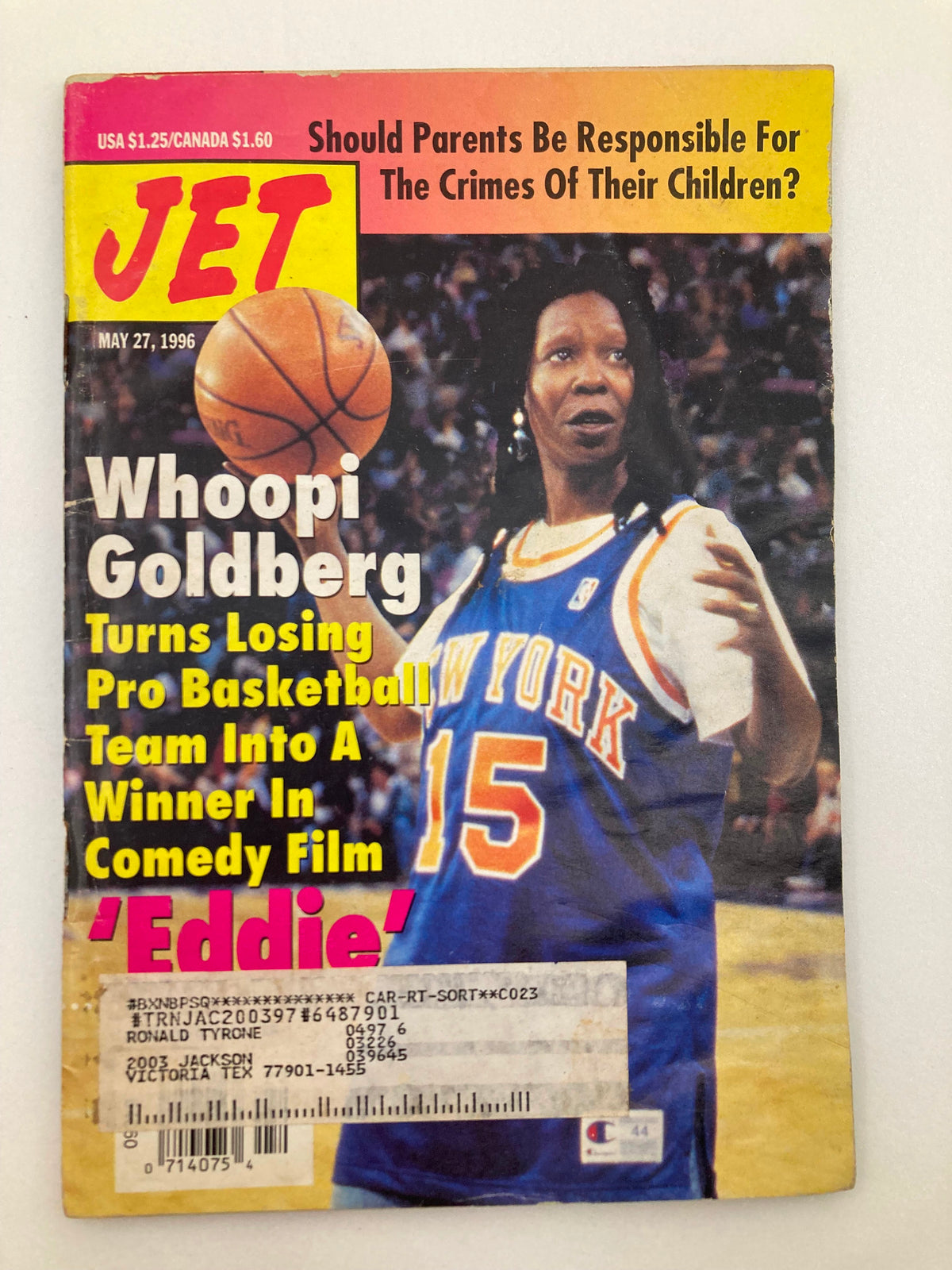 Cover of Jet Magazine dated May 27, 1996, featuring Whoopi Goldberg with a basketball, highlighting her role in the comedy film 'Eddie'.