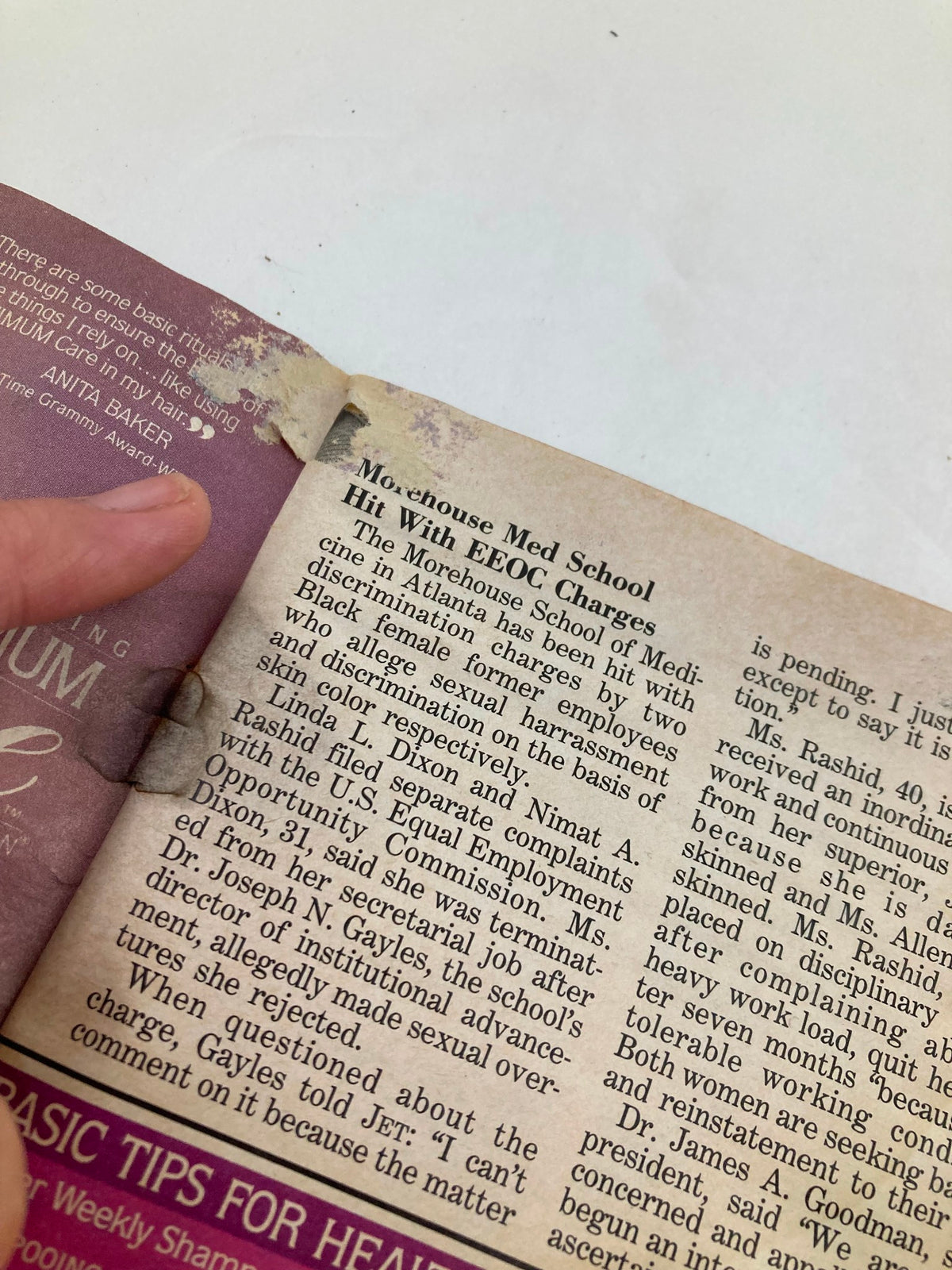 An article from VTG Jet Magazine March 19 1990 Vol 77 #23 discussing discrimination charges at Morehouse School of Medicine.