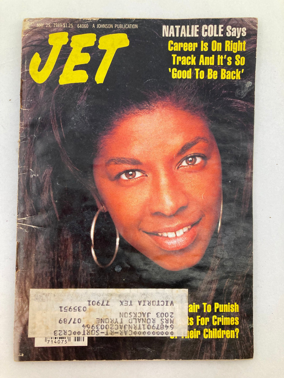 Cover of VTG Jet Magazine May 29 1989 Vol 76 #8 featuring Natalie Cole with the headline 'Career Is On Right Track And It's So Good To Be Back', showcasing her smiling portrait.