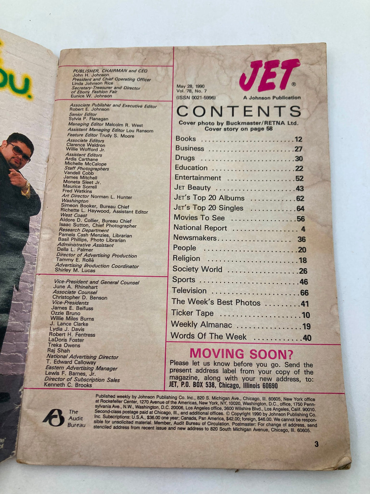Inside page of VTG Jet Magazine May 28 1990 Vol 78 #7, displaying the table of contents with sections on various topics including drugs, education, and entertainment.