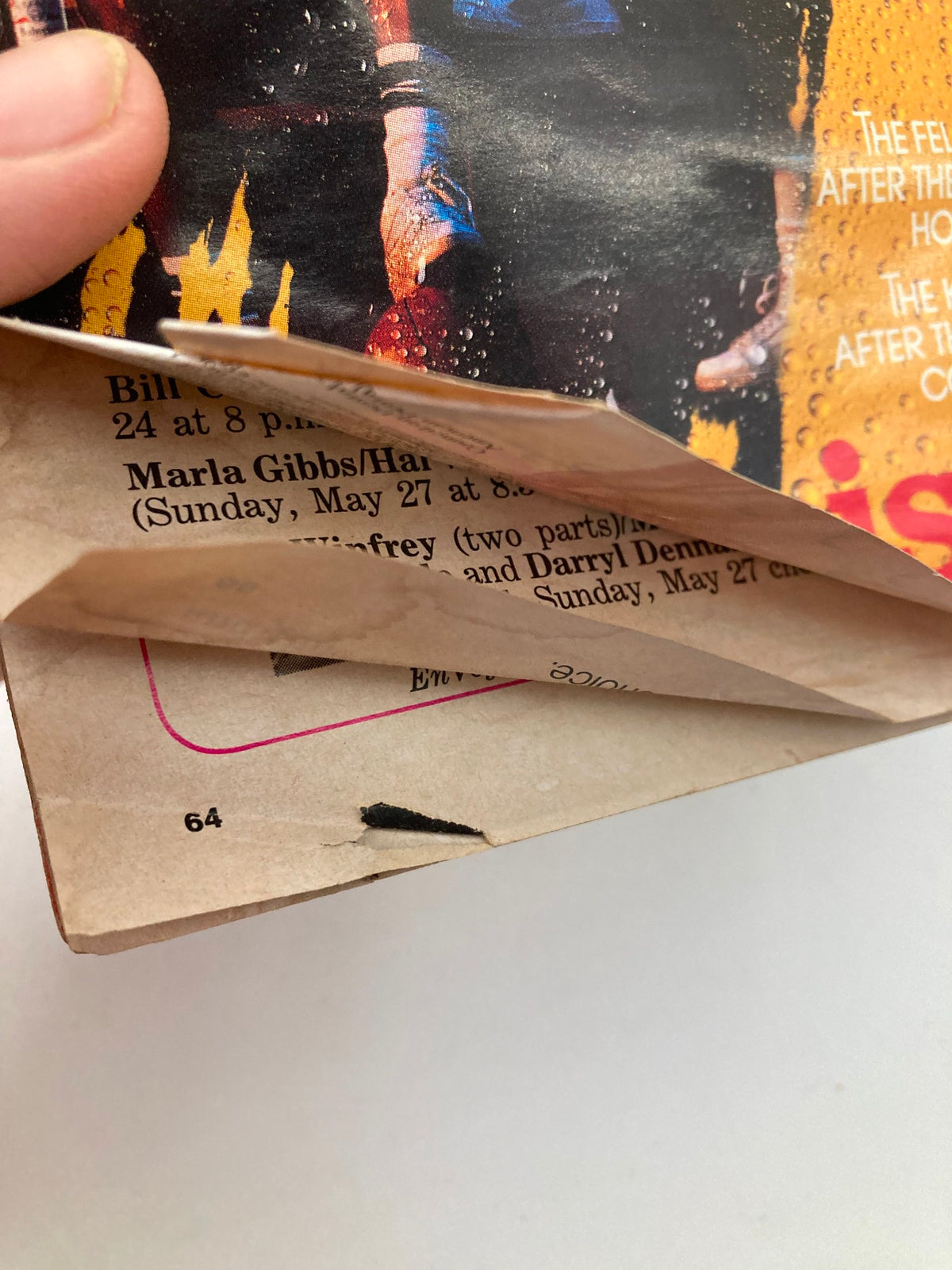 Close-up of the vintage VTG Jet Magazine May 28 1990 Vol 78 #7 featuring Robin Givens. The image shows damage to the magazine page with wear and tear, highlighting its condition as collectible.