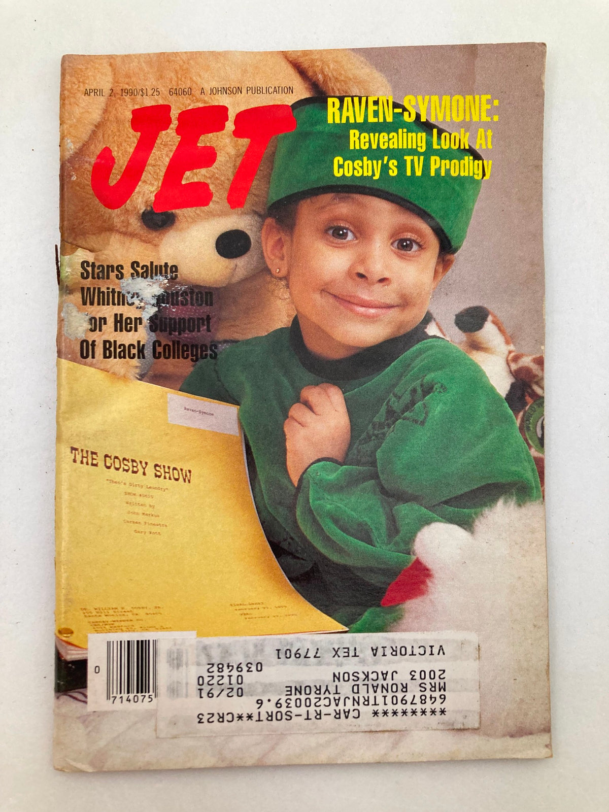 Cover of VTG Jet Magazine April 2, 1990, Vol 77 #25 featuring Raven-Symoné at Cosby's TV Prodigy in an acceptable condition with wear and an address label.