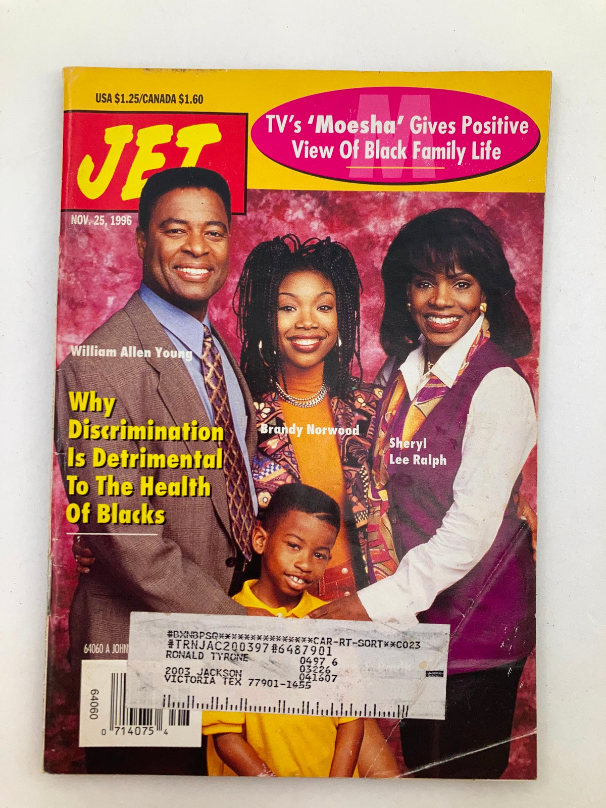 Cover of Jet Magazine, November 25, 1996, Vol 91 #2, featuring William Allen Young, Brandy Norwood, and Sheryl Lee Ralph. The magazine discusses the positive portrayal of Black family life in the TV show 'Moesha'.