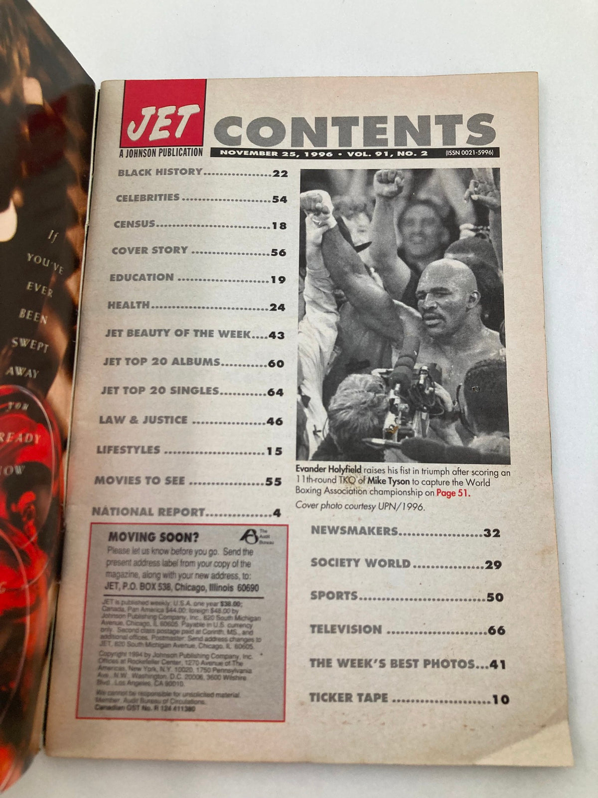 Table of contents page from Jet Magazine, November 25, 1996, Vol 91 #2, listing featured articles including celebrity profiles and sports updates.