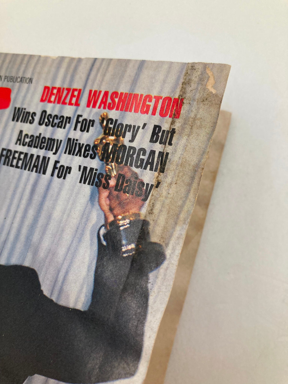 Close-up view of the Jet Magazine cover from April 16, 1990, Vol 78 #1 showcasing Denzel Washington holding an Oscar award, with prominent text about his Oscar win and the Academy's snubbing of Morgan Freeman.