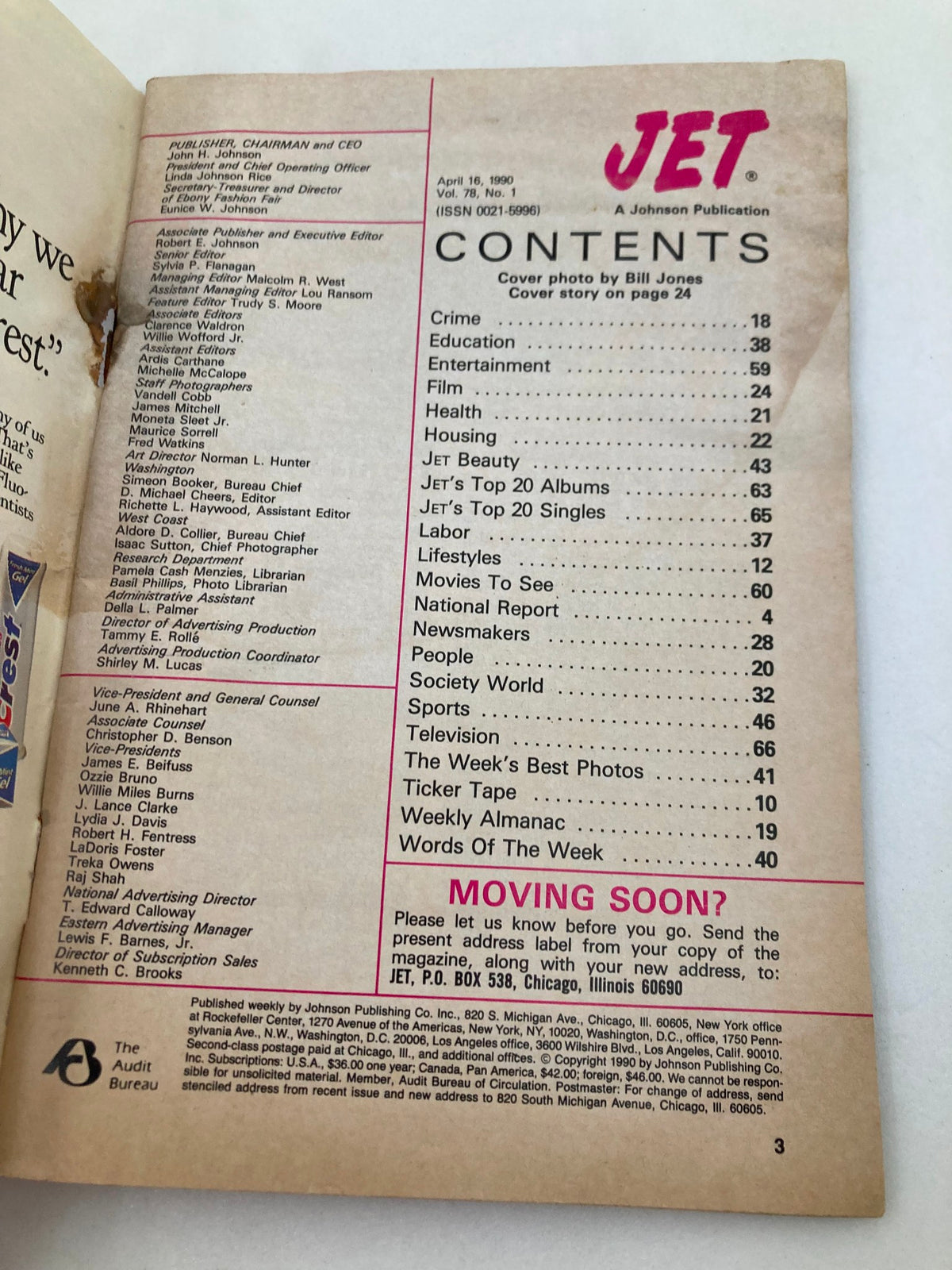 Inside page of Jet Magazine April 16, 1990, Vol 78 #1 displaying the table of contents. The page lists various segments including Crime, Education, Entertainment, and more, reflecting the magazine's diverse topics.