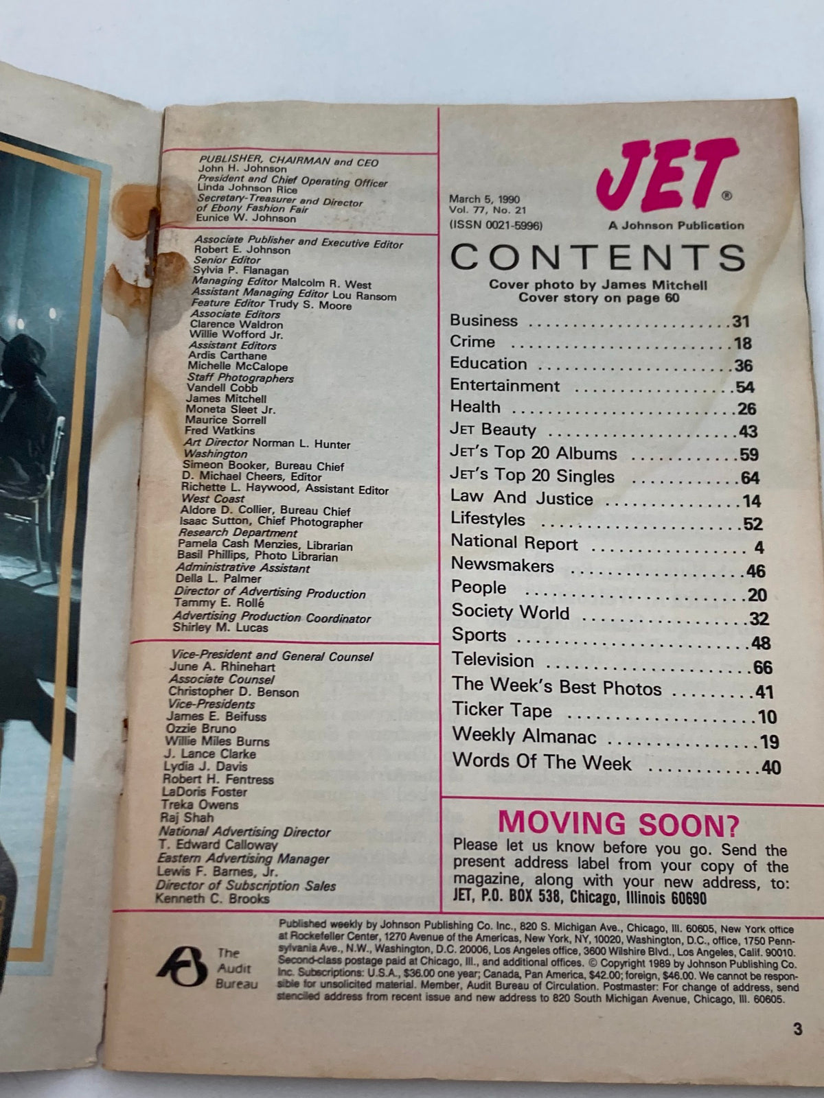 Contents page of Jet Magazine March 5, 1990, Vol 77 #21 featuring key sections and contributors including publisher and editorial staff information.