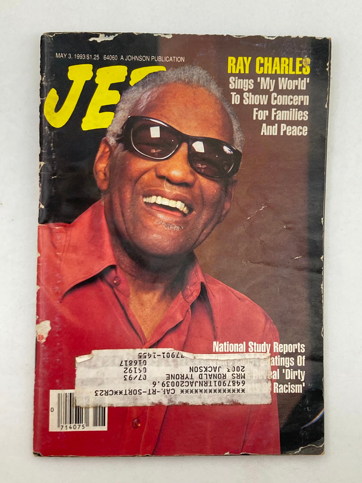 Cover of Jet Magazine May 3, 1993, Vol 84 #1 featuring Ray Charles smiling, wearing sunglasses, and promoting his song 'My World' for peace.