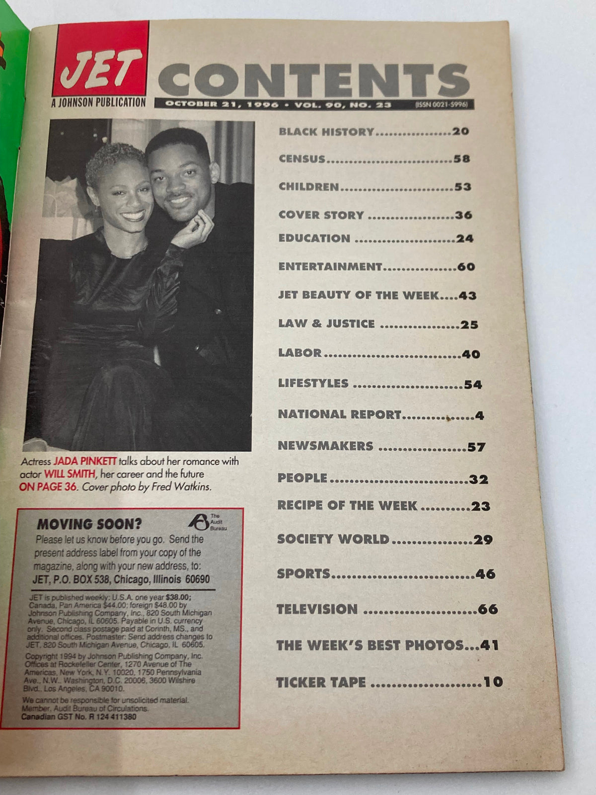 Contents page of Jet Magazine, October 21 1996, Volume 90 #23, featuring articles including Jada Pinkett and Will Smith.