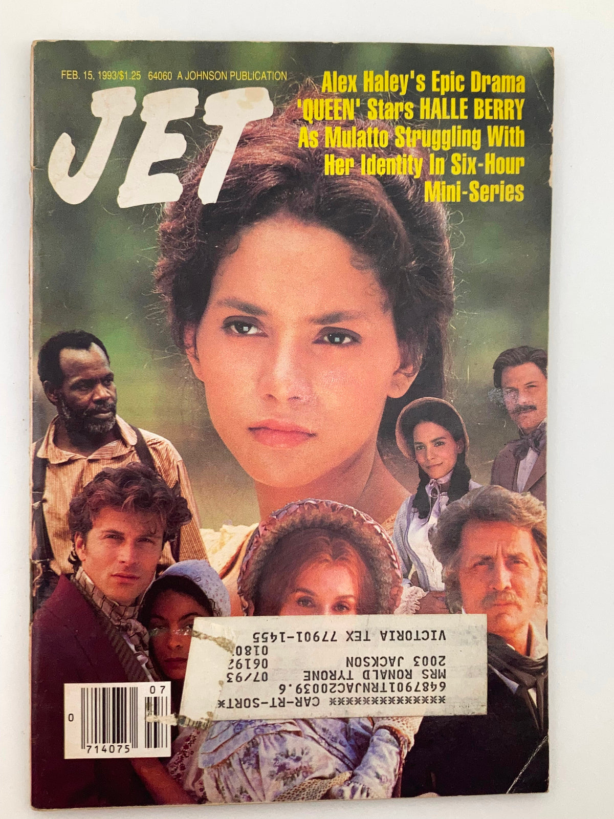 Cover of Jet Magazine, February 15, 1993, featuring Halle Berry in her role from Alex Haley's 'Queen'. Highlights the cultural significance of early '90s media.