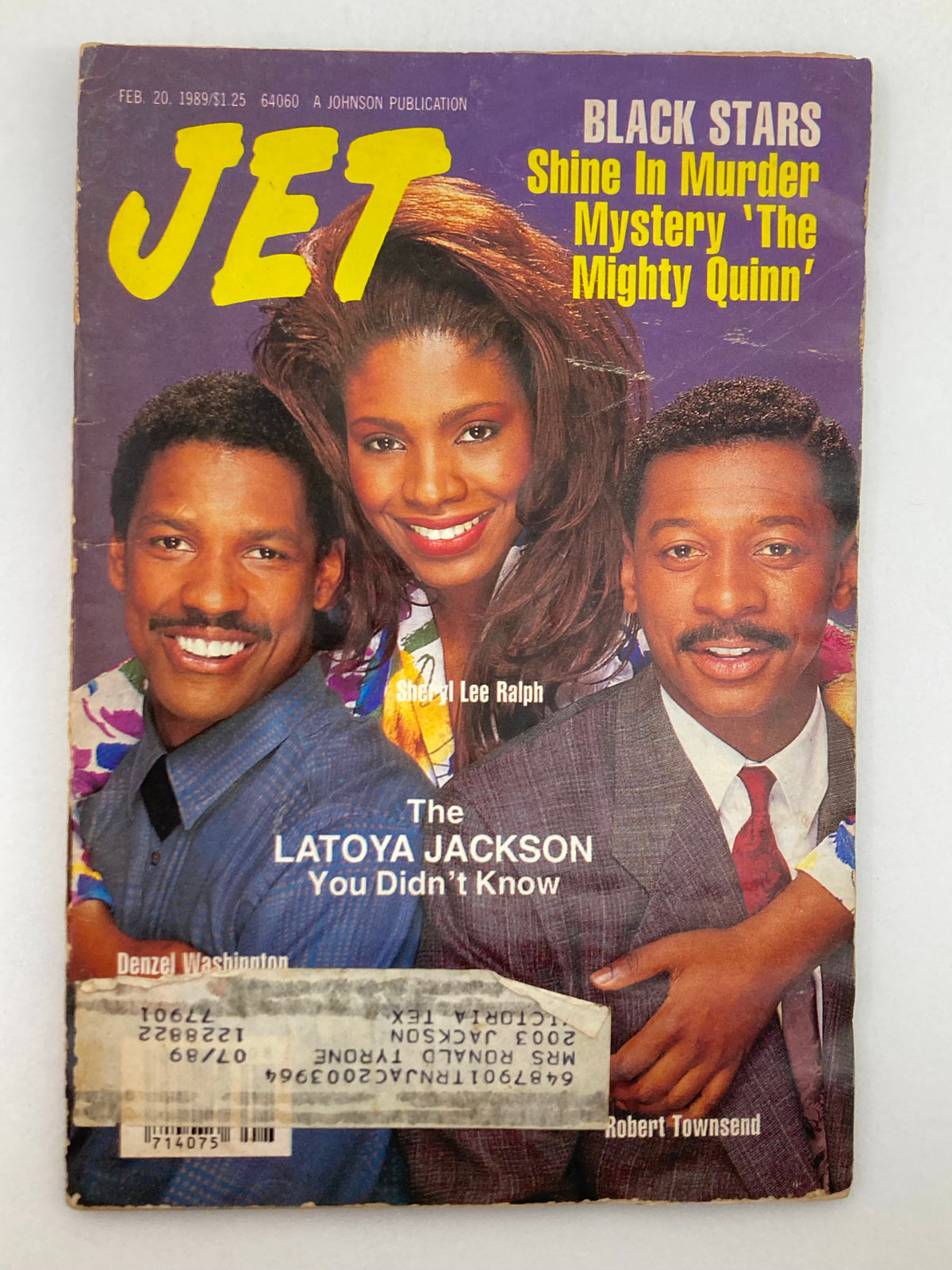 Cover of VTG Jet Magazine February 20 1989 Vol 75 #20 featuring Denzel Washington, Sheryl Lee Ralph, and Robert Townsend, showcasing headlines including 'BLACk STARS Shine In Murder Mystery 'The Mighty Quinn' and 'The Latoya Jackson You Didn't Know'. Good condition with address label.