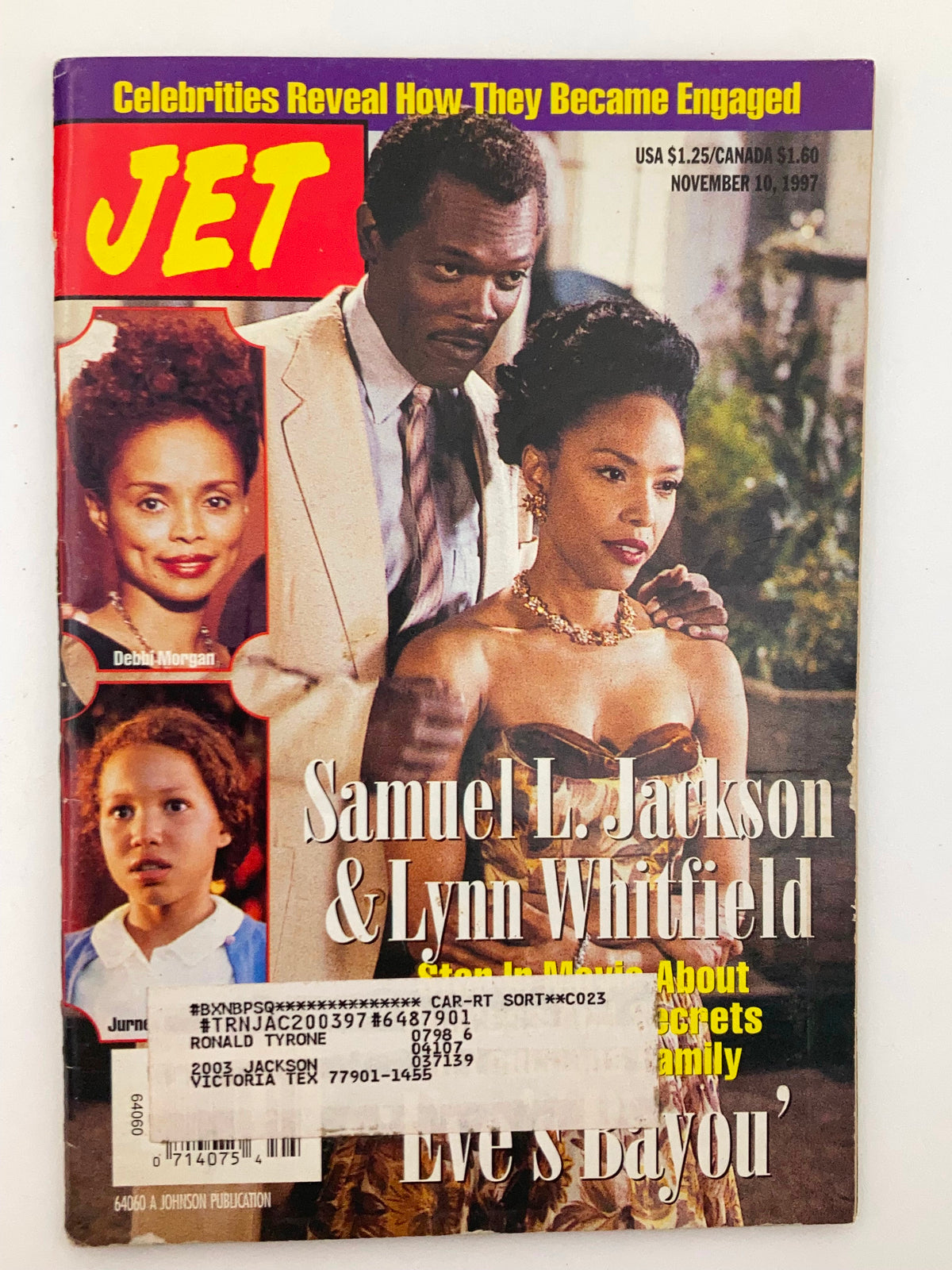 VTG Jet Magazine November 10 1997 Vol 92 #25 featuring Samuel L. Jackson and Lynn Whitfield on the cover. The cover showcases the title 'JET' prominently, along with an image of celebrities discussing engagement secrets.