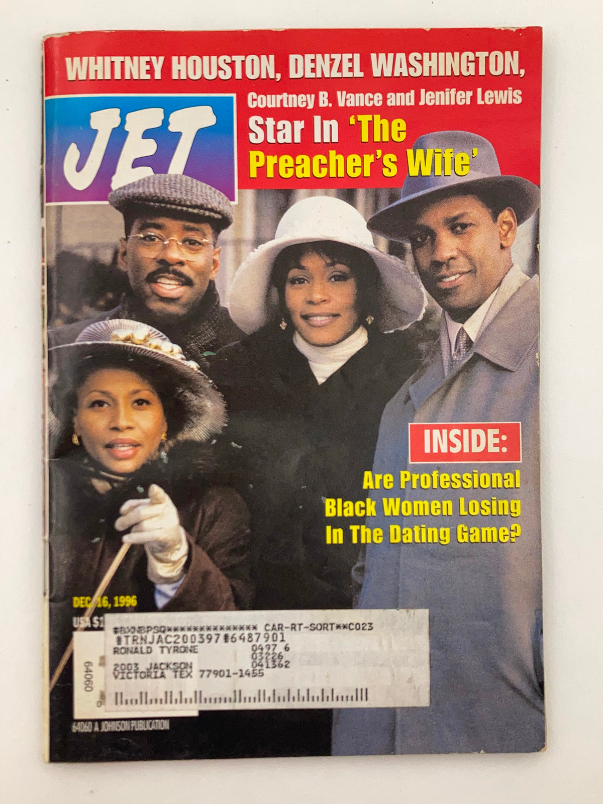 VTG Jet Magazine December 16 1996 Vol 91 #5 featuring Whitney Houston, Denzel Washington, and cast members Courtney B. Vance and Jenifer Lewis, discussing the film 'The Preacher's Wife'.