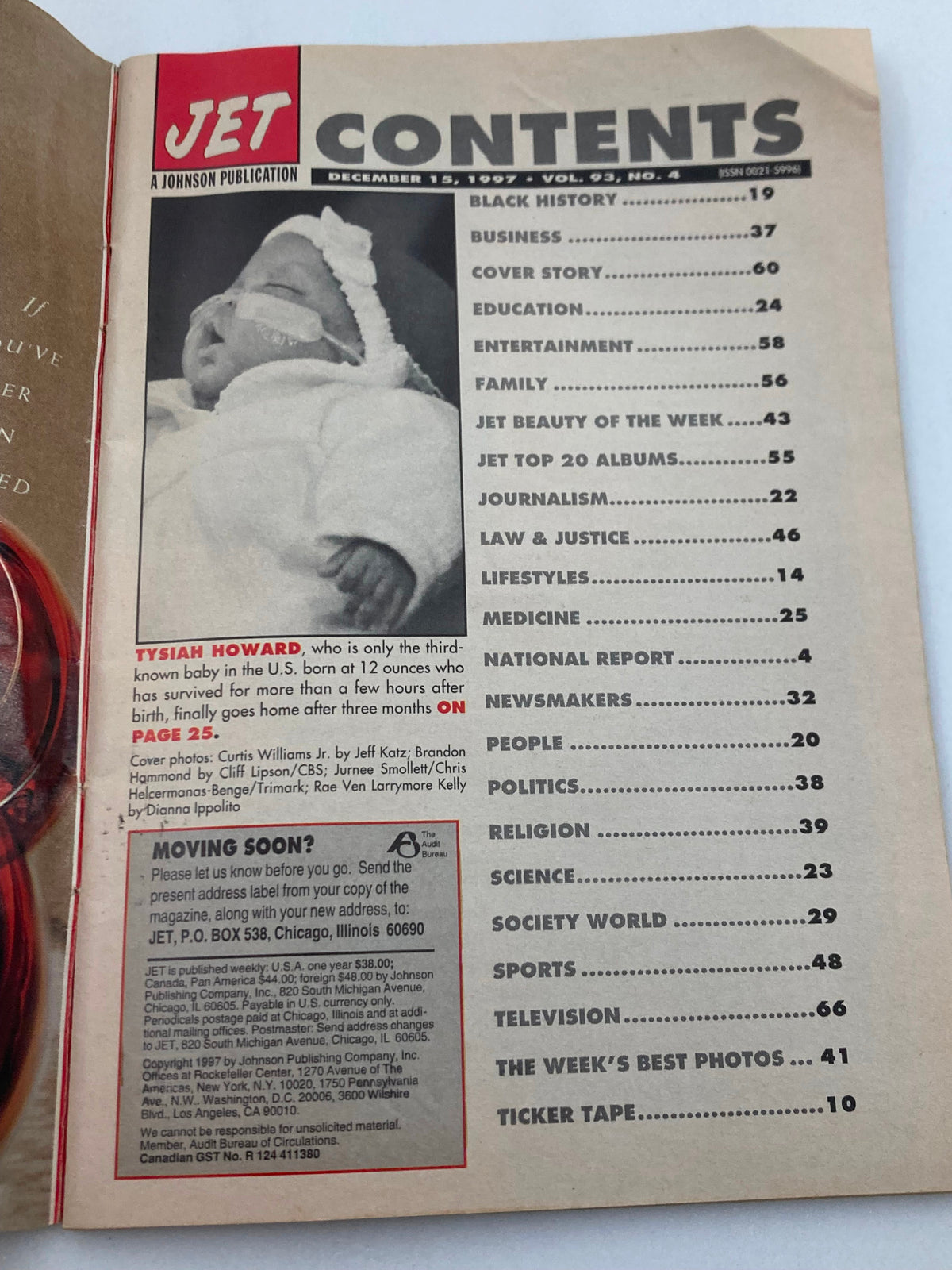 Contents page of Jet Magazine December 15, 1997, Vol 93 #4 featuring a list of articles, including a segment about Tysiah Howard, with a photo of a baby and various section headings like Black History, Business, and Entertainment.
