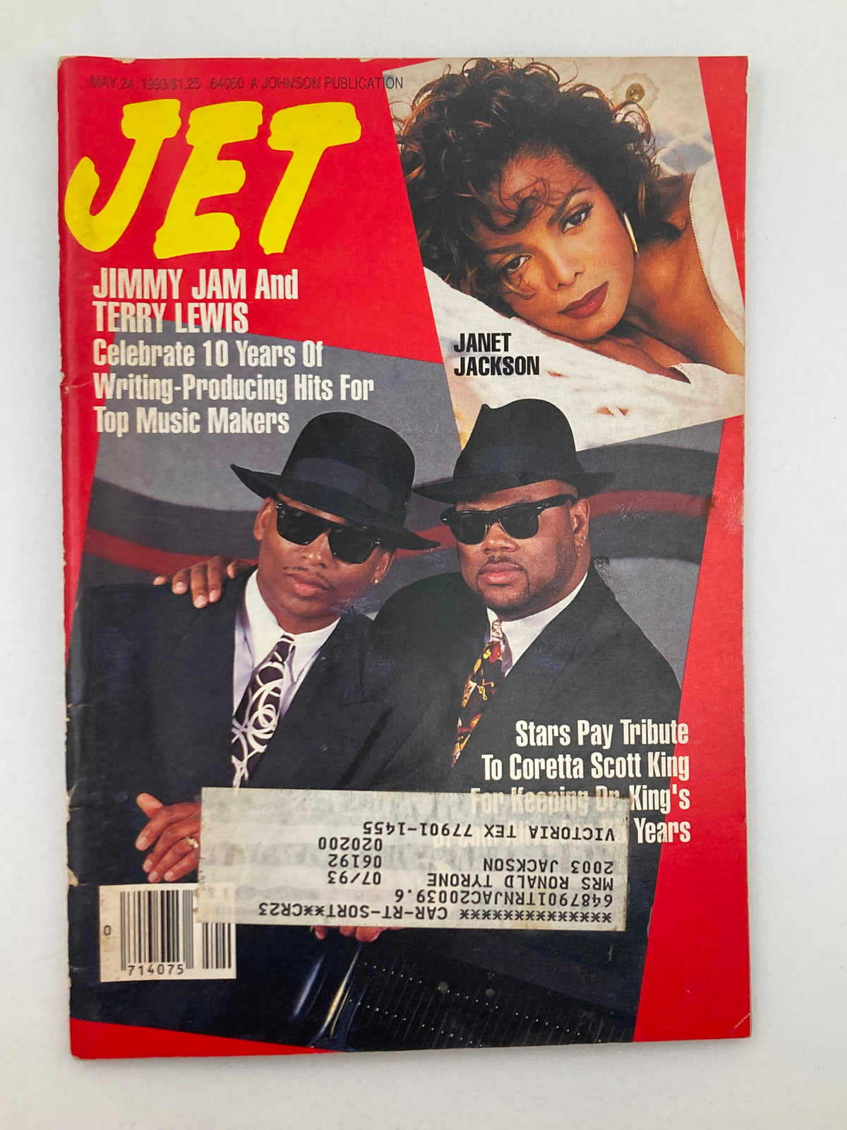 Cover of Jet Magazine May 24 1993 Vol 84 #4 featuring Janet Jackson, Jimmy Jam, and Terry Lewis, celebrating 10 years of their music collaboration.