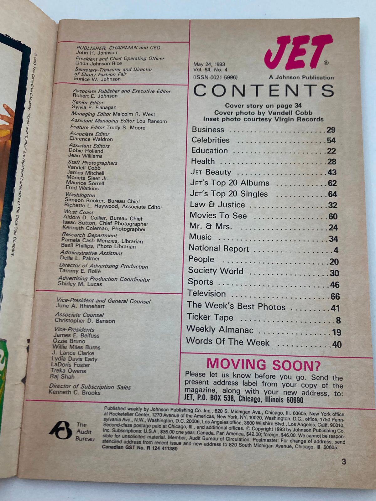 Contents page of Jet Magazine May 24 1993 Vol 84 #4, showcasing a variety of articles including a cover story on Janet Jackson.