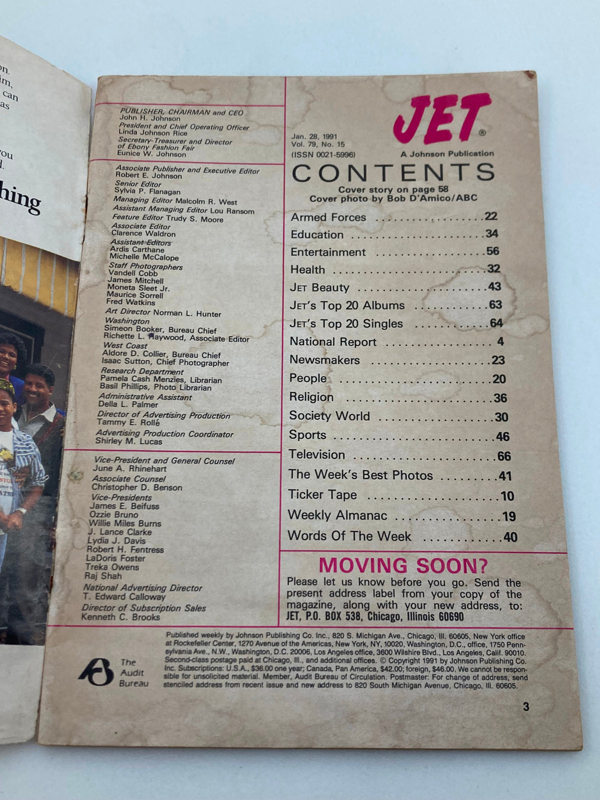 Contents page of Jet Magazine, January 28, 1991, listing various sections such as Armed Forces, Education, and Entertainment alongside publication details.