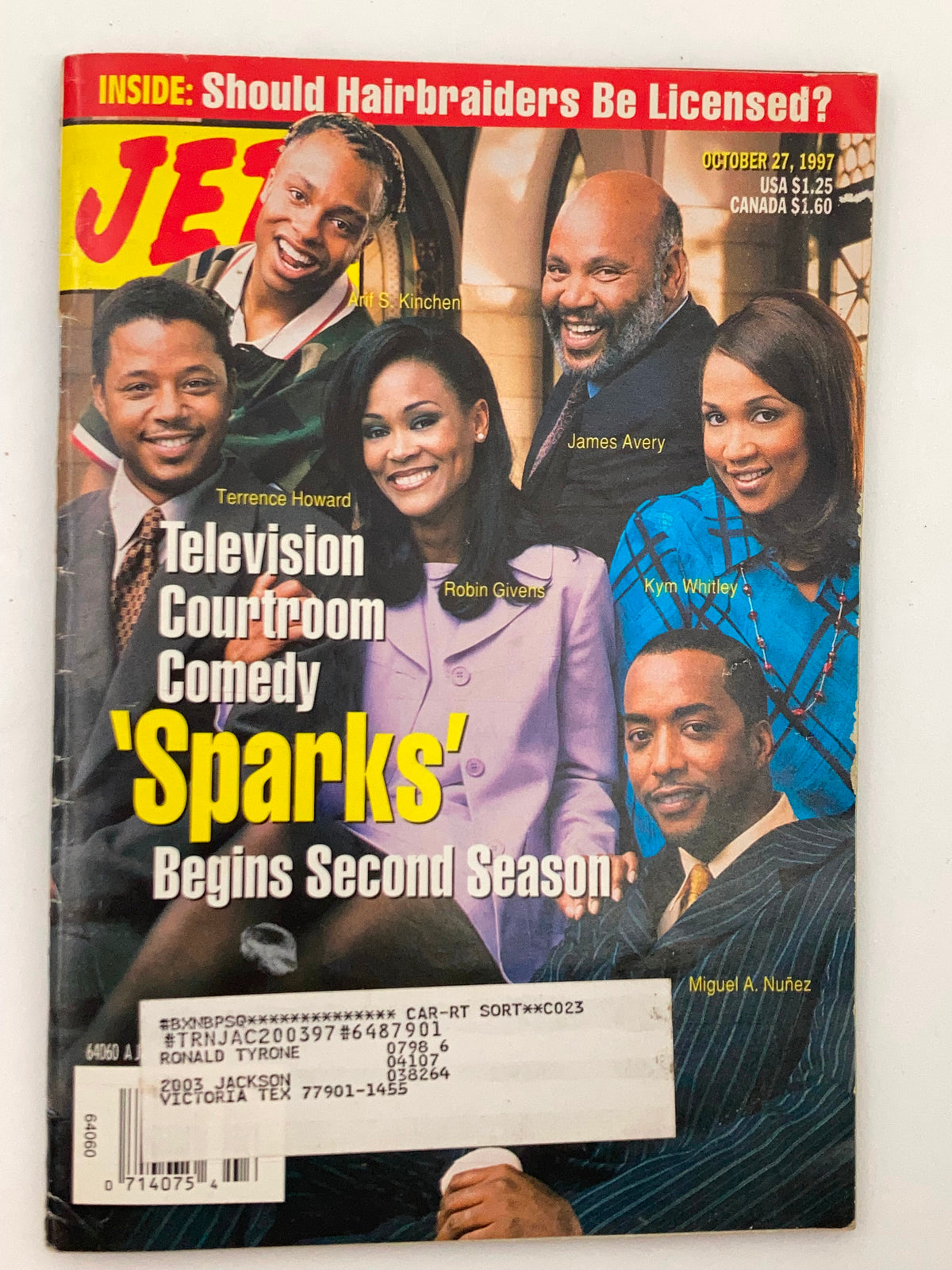 Cover of Jet Magazine dated October 27, 1997, Vol 92 #23 featuring Robin Givens, James Avery, and the cast of 'Sparks'. Highlights include 'Television Courtroom Comedy Sparks Begins Second Season'.