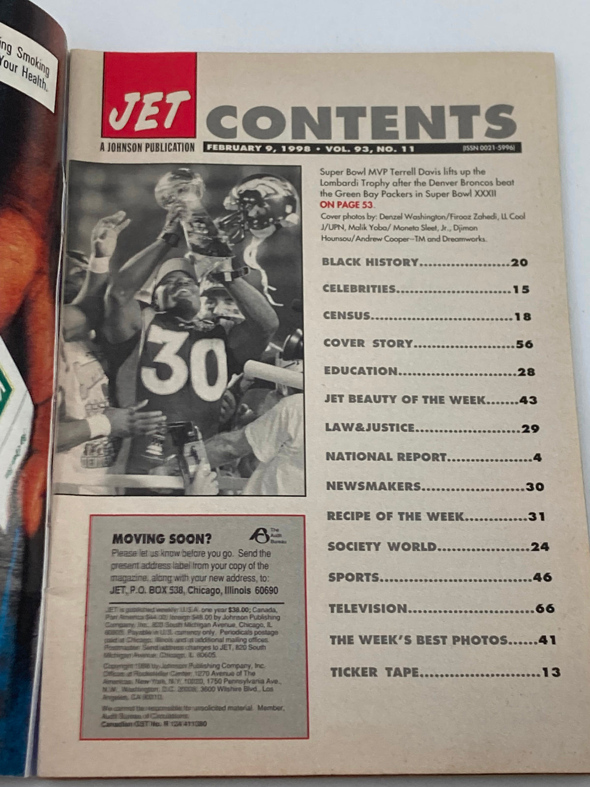 Contents page from Jet Magazine February 9, 1998, Volume 93 #11, including articles on Black History, Celebrities, and Sports, with a feature on Super Bowl MVP Terrell Davis.