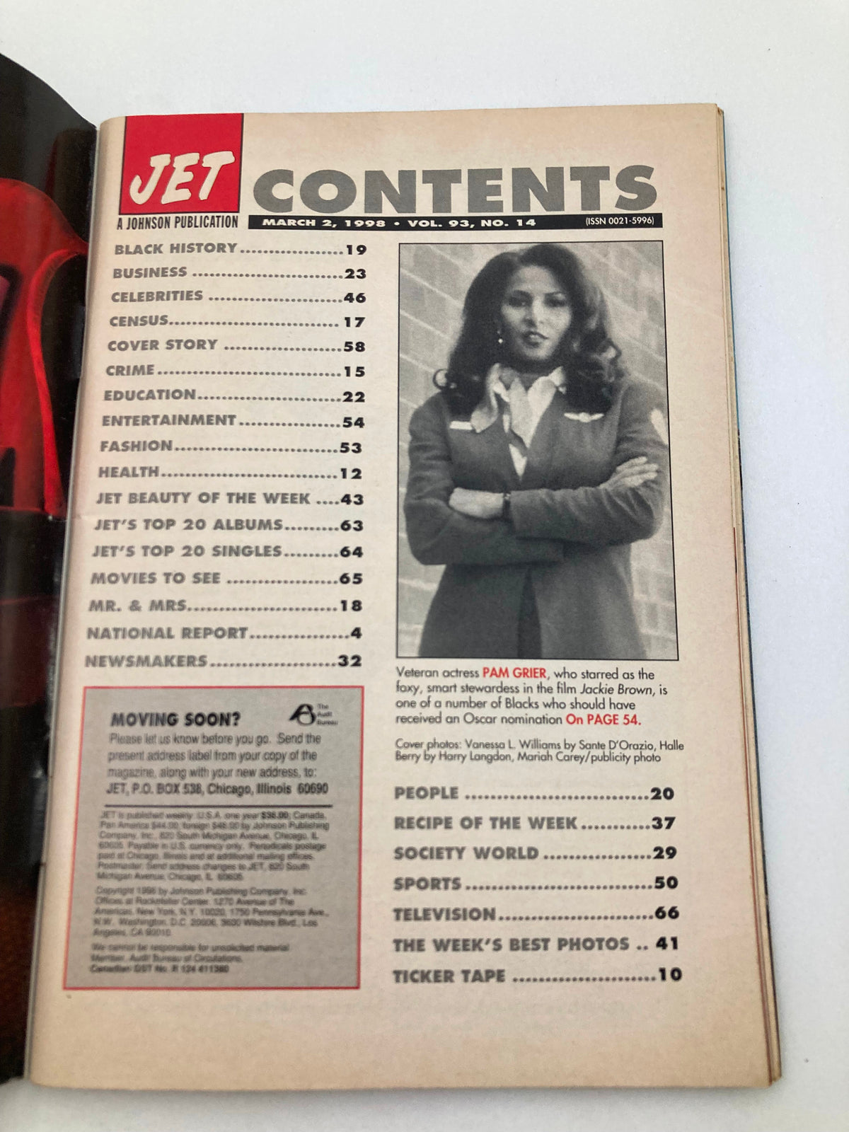 Table of Contents from Jet Magazine March 2 1998, Vol 93 No 14, highlighting various articles including featured stories on celebrities.
