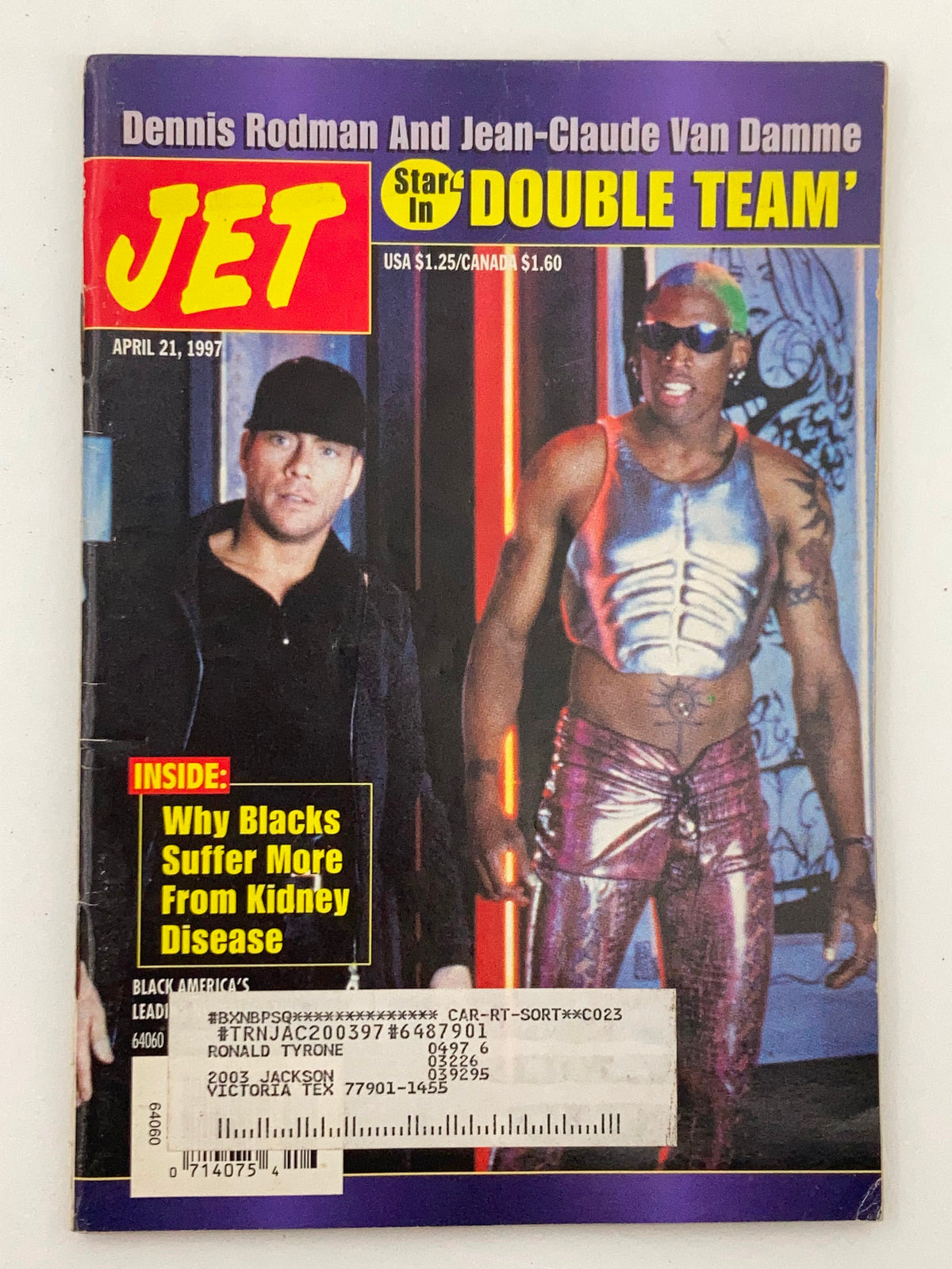 Cover of Jet Magazine, April 21, 1997, Vol 91 #22 featuring Dennis Rodman and Jean-Claude Van Damme, with a bold headline promoting the film 'Double Team' and additional text about health issues for Black Americans.