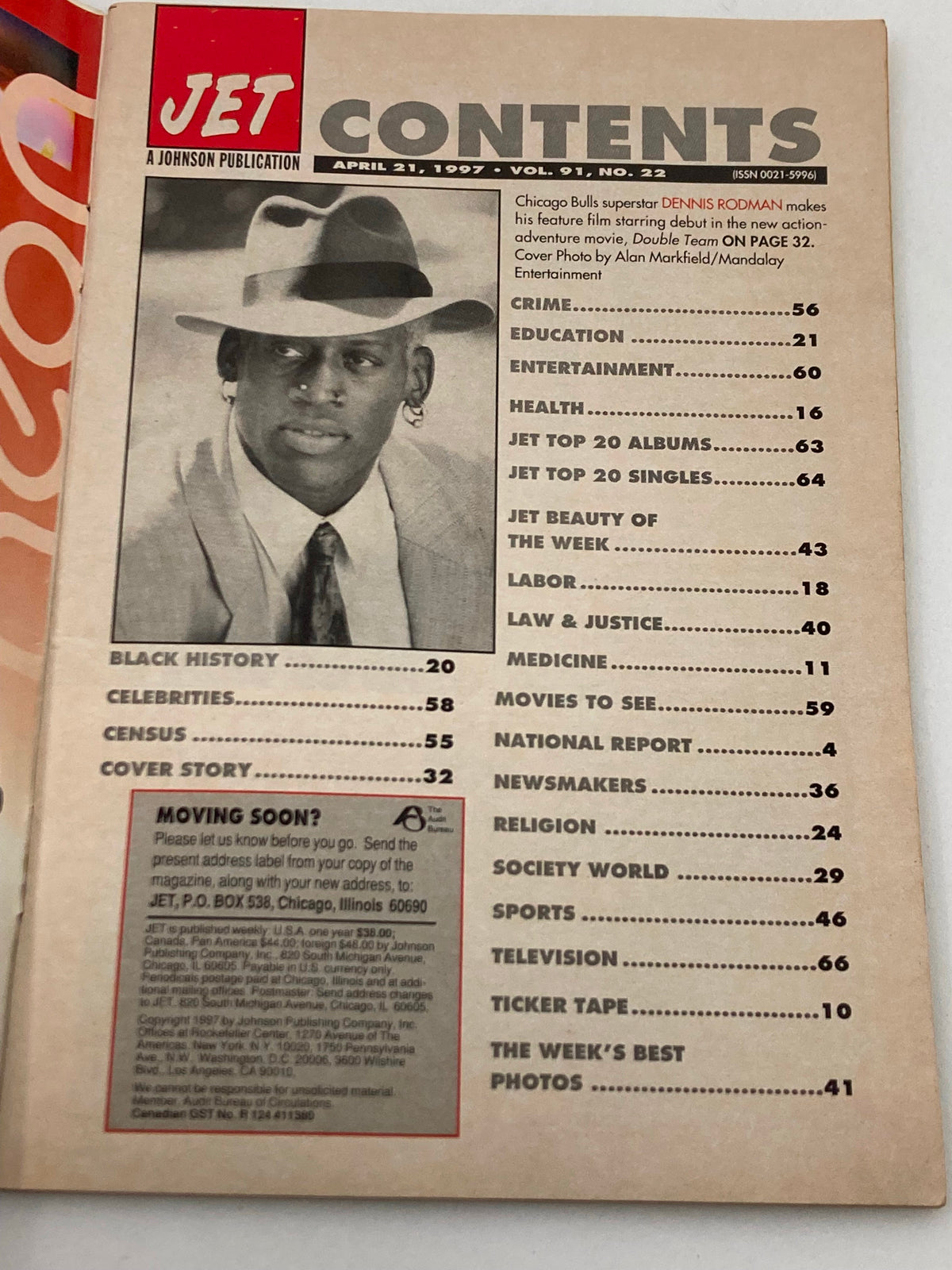 Contents page of Jet Magazine, April 21, 1997, Vol 91 #22, showcasing a photo of Dennis Rodman in a hat, listing articles on various topics including crime, entertainment, and health.