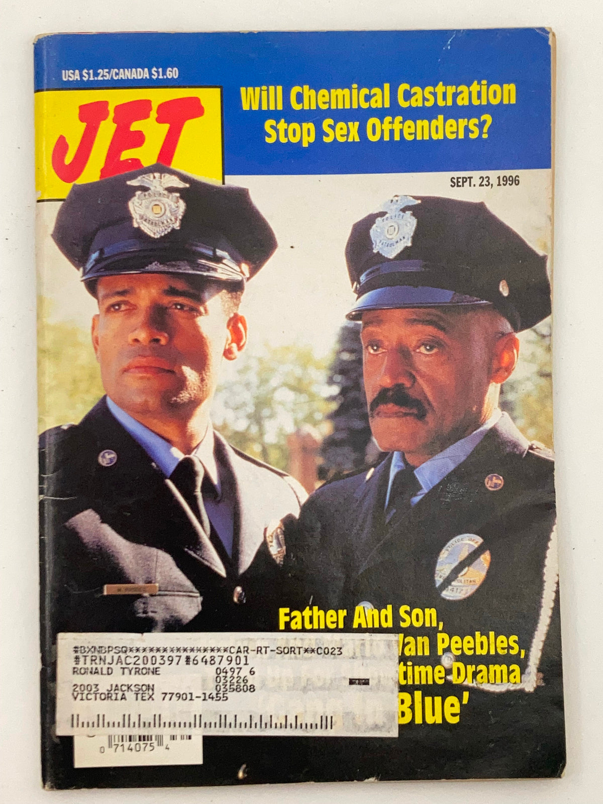 Jet Magazine September 23 1996 Vol 90 #19 cover featuring police officers with the headline 'Will Chemical Castration Stop Sex Offenders?'. Includes a visible address label and minor wear on the magazine.