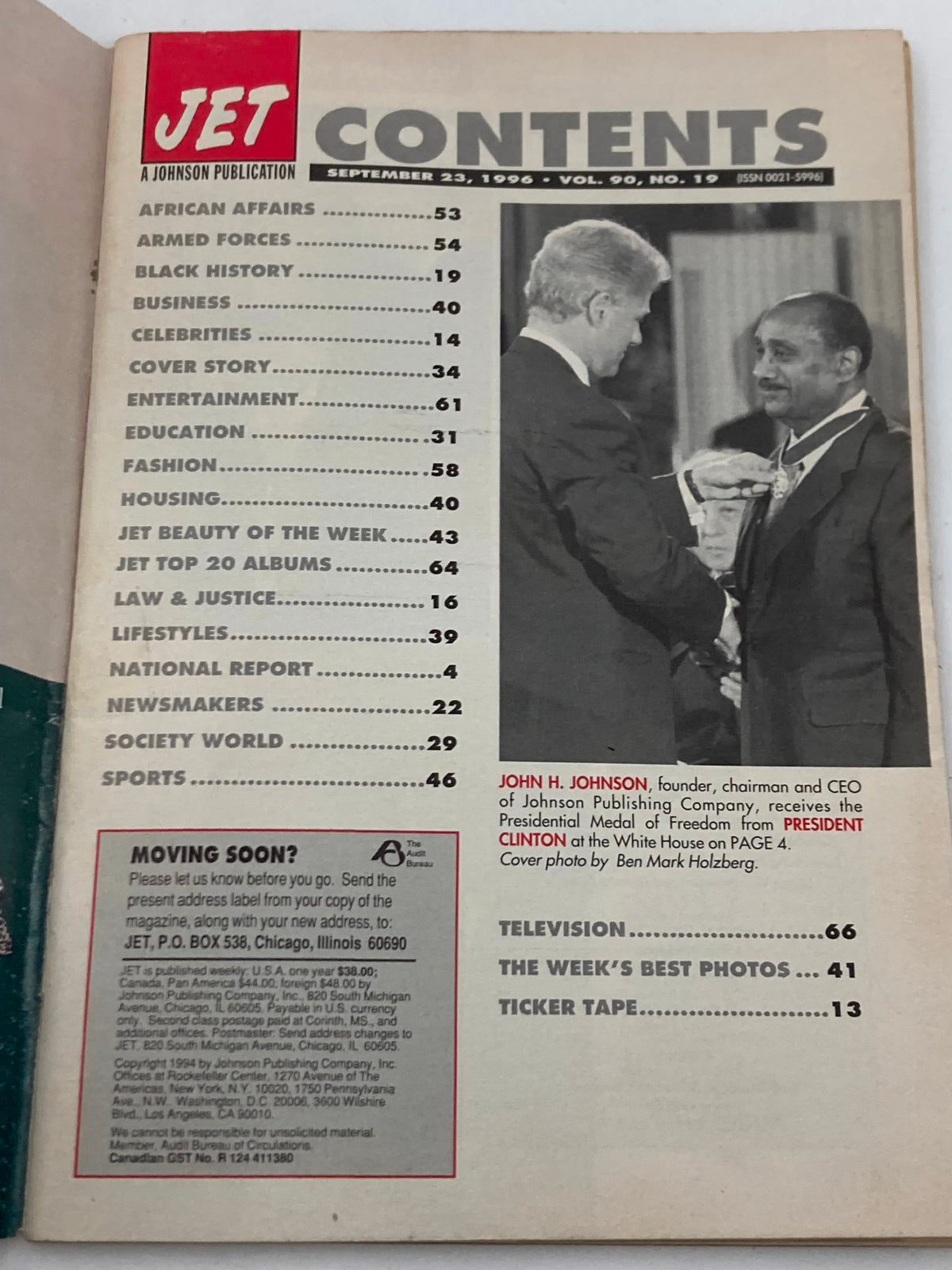 Jet Magazine September 23 1996 Vol 90 #19 contents page highlighting the contributions of John H. Johnson, founder of Johnson Publishing Company, who receives the Presidential Medal of Freedom from President Clinton.