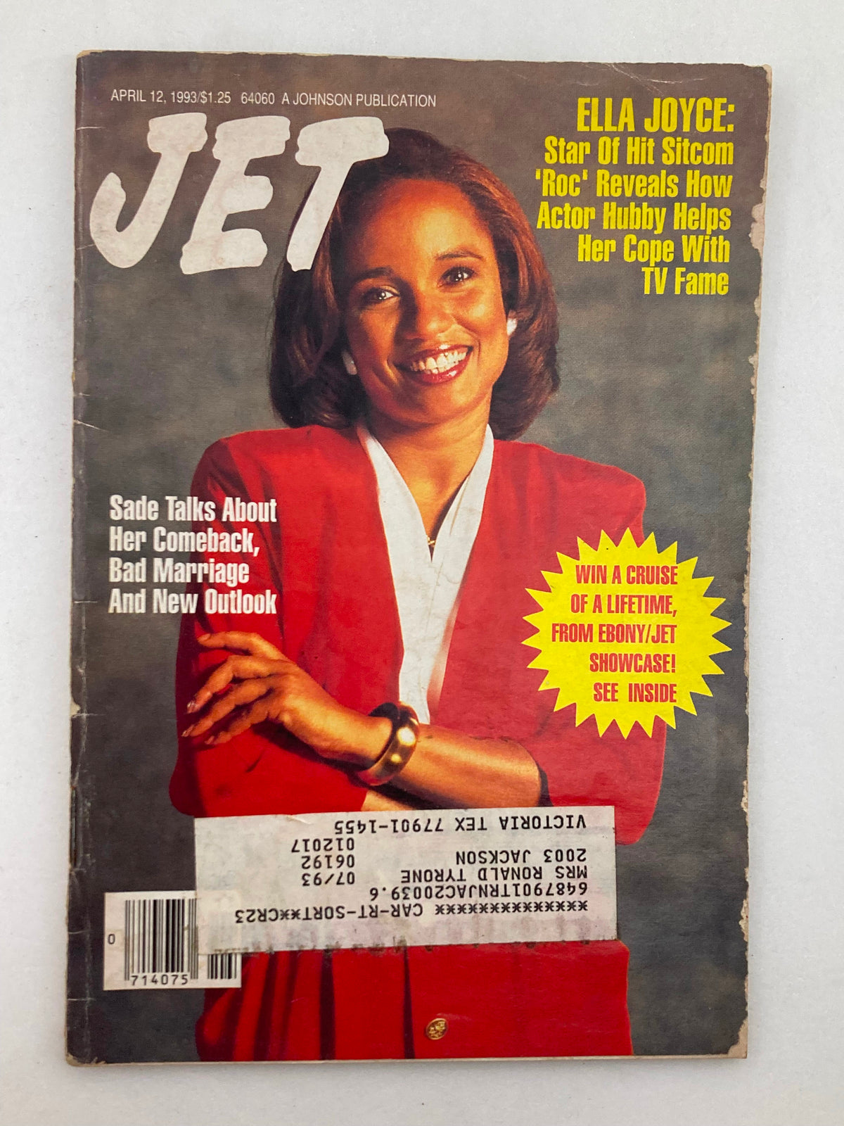 Cover of Jet Magazine April 12, 1993, Vol 83 #24 featuring Ella Joyce, star of the hit sitcom 'Roc', with a headline discussing how her actor husband helps her cope with TV fame.