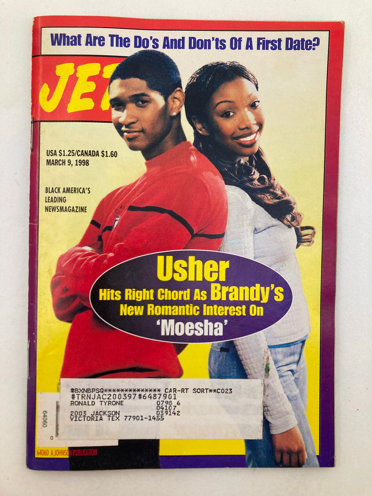 Cover of Jet Magazine from March 9, 1998, featuring Usher and Brandy, with the headline 'Usher Hits Right Chord As Brandy's New Romantic Interest On Moesha'.
