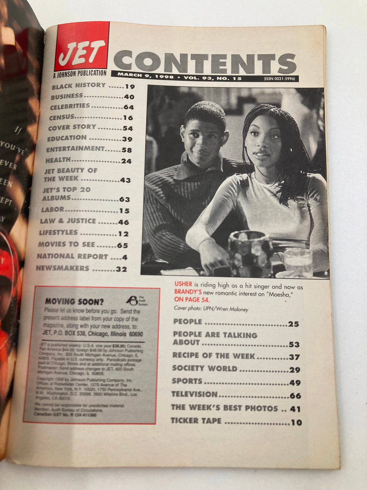 Contents page of Jet Magazine from March 9, 1998, displaying Usher and Brandy, highlighting articles and features including the cover story about Usher.