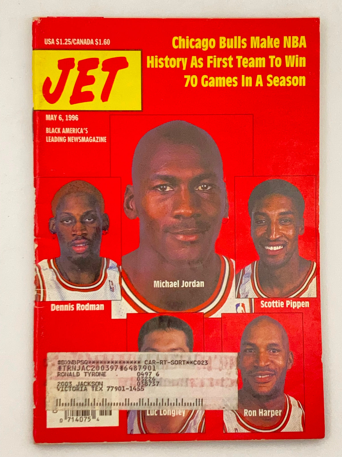 Cover of Jet Magazine May 6, 1996, Vol 89 #25 featuring NBA superstar Michael Jordan, along with his Chicago Bulls teammates, Dennis Rodman, Scottie Pippen, and Ron Harper, highlighted with a bold red background.